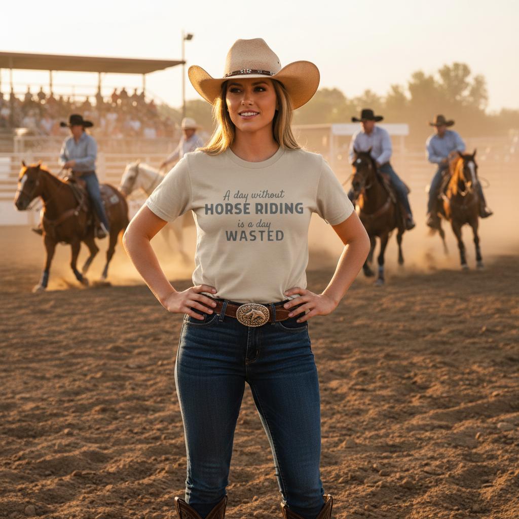 western tee with horse lover quote. Day without riding is a day wasted. Funny tee for birthday gifts.
