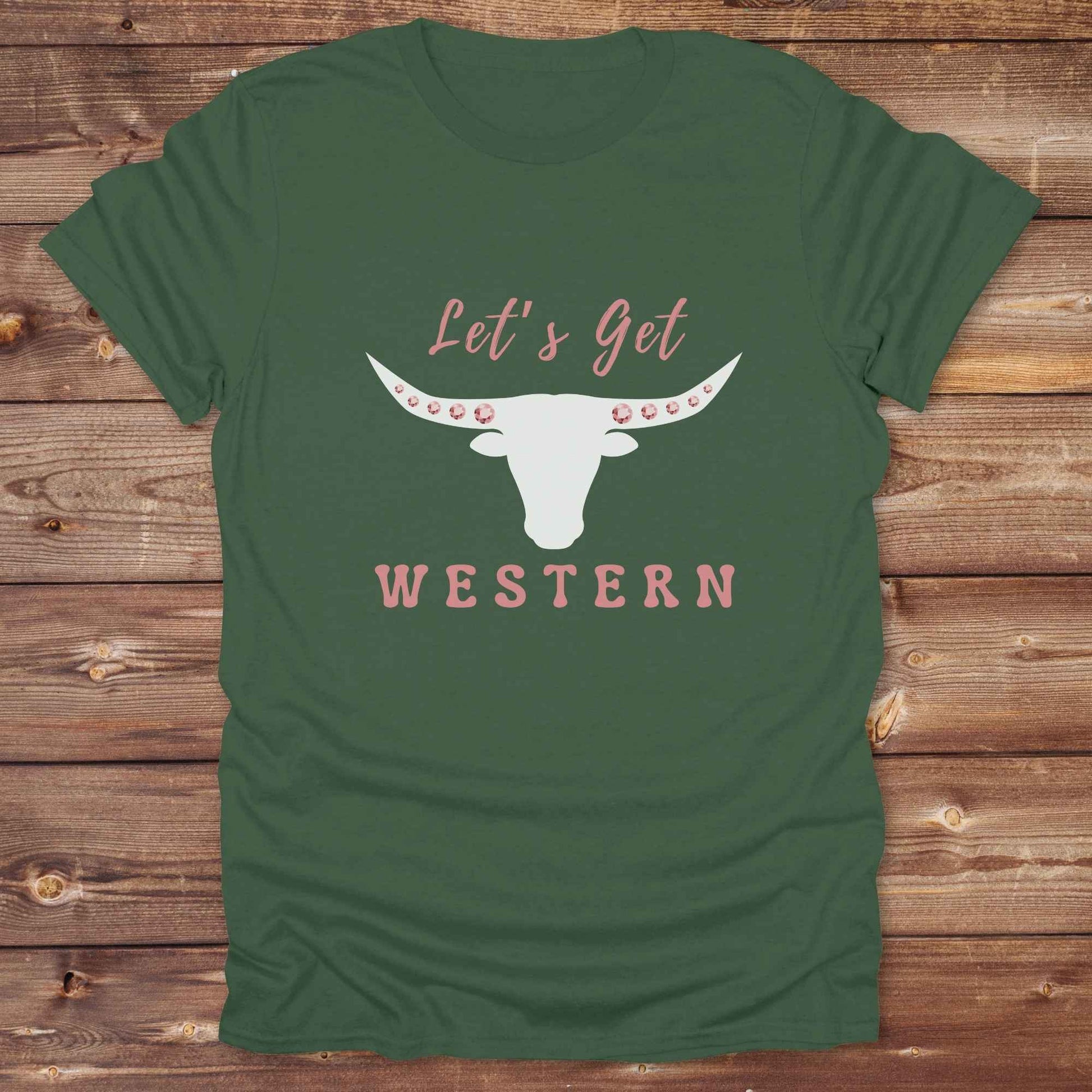 Fun western t-shirt for horse lovers and cowgirls. Western cowgirl graphic tee with horse design. Cowboy humor t-shirt for rodeo and country lovers. Horse lover funny t-shirt with western theme. Country style horse graphic tee for cowboys and cowgirls. Retro style funny western shirt for equestrians. Cute and funny country shirt with horse print. Southern cowgirl funny quote shirt for horse lovers. Lets get Western with longhorn skull and pink rhinestones.