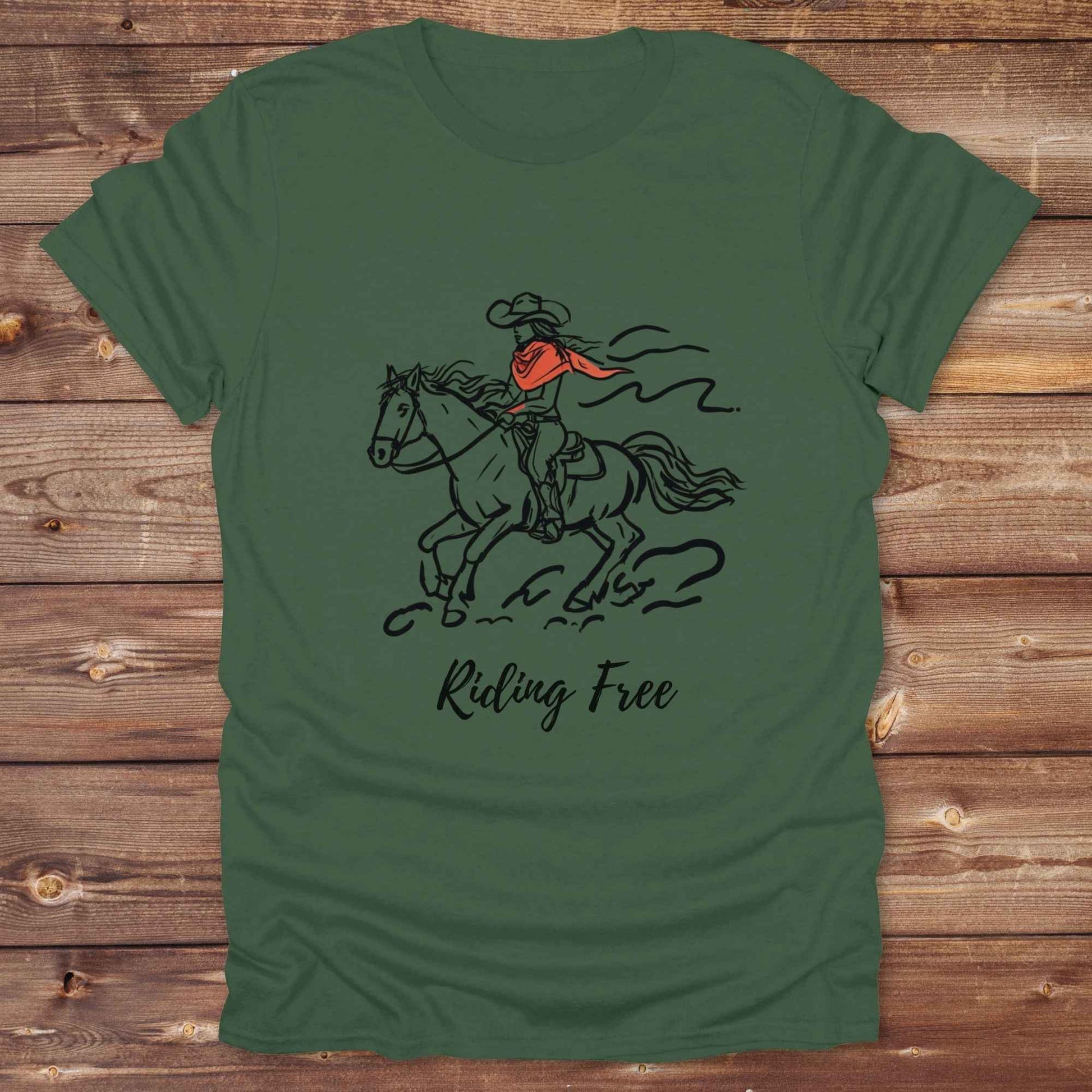 Fun western t-shirt for horse lovers and cowgirls. Western cowgirl graphic tee with horse design. Cowboy humor t-shirt for rodeo and country lovers. Horse lover funny t-shirt with western theme. Country style horse graphic tee for cowboys and cowgirls. Retro style funny western shirt for equestrians. Cute and funny country shirt with horse print. Southern cowgirl funny quote shirt for horse lovers. Riding Free.