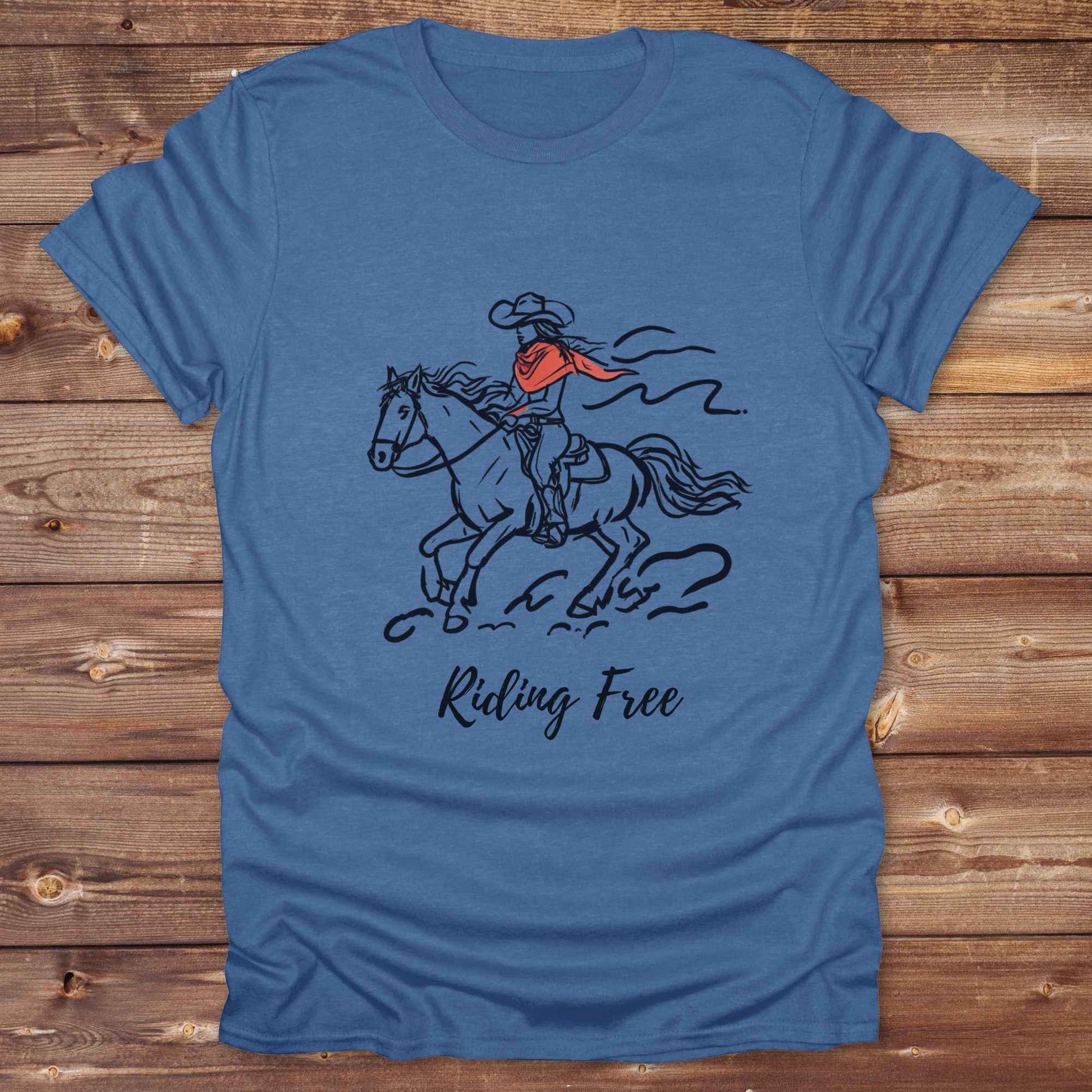 Fun western t-shirt for horse lovers and cowgirls. Western cowgirl graphic tee with horse design. Cowboy humor t-shirt for rodeo and country lovers. Horse lover funny t-shirt with western theme. Country style horse graphic tee for cowboys and cowgirls. Retro style funny western shirt for equestrians. Cute and funny country shirt with horse print. Southern cowgirl funny quote shirt for horse lovers. Riding Free.