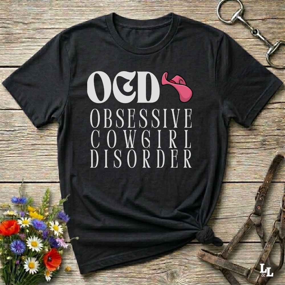 Fun western t-shirt for horse lovers and cowgirls. Western cowgirl graphic tee with horse design. Cowboy humor t-shirt for rodeo and country lovers. Horse lover funny t-shirt with western theme. Country style horse graphic tee for cowboys and cowgirls. Retro style funny western shirt for equestrians. Cute and funny country shirt with horse print. Southern cowgirl funny quote shirt for horse lovers. OCD Cowgirl.