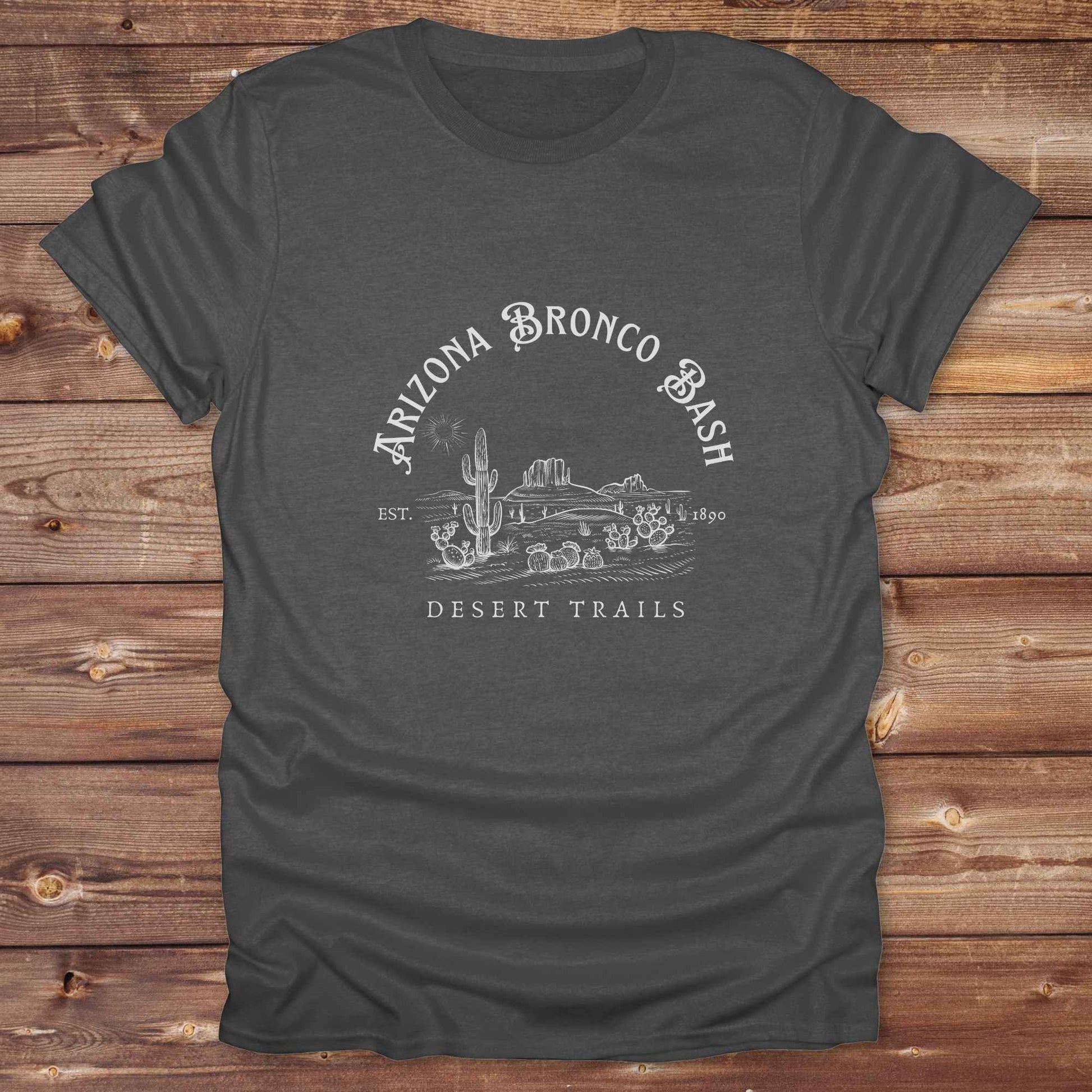 Fun western t-shirt featuring horse themed design for cowgirls, cowboys, horse lovers and equestrians, perfect for rodeo lovers, rustic style fans, and horse people. Unique graphic tee by Lasso and Loom. Arizona Bronco Bash Desert Trails.