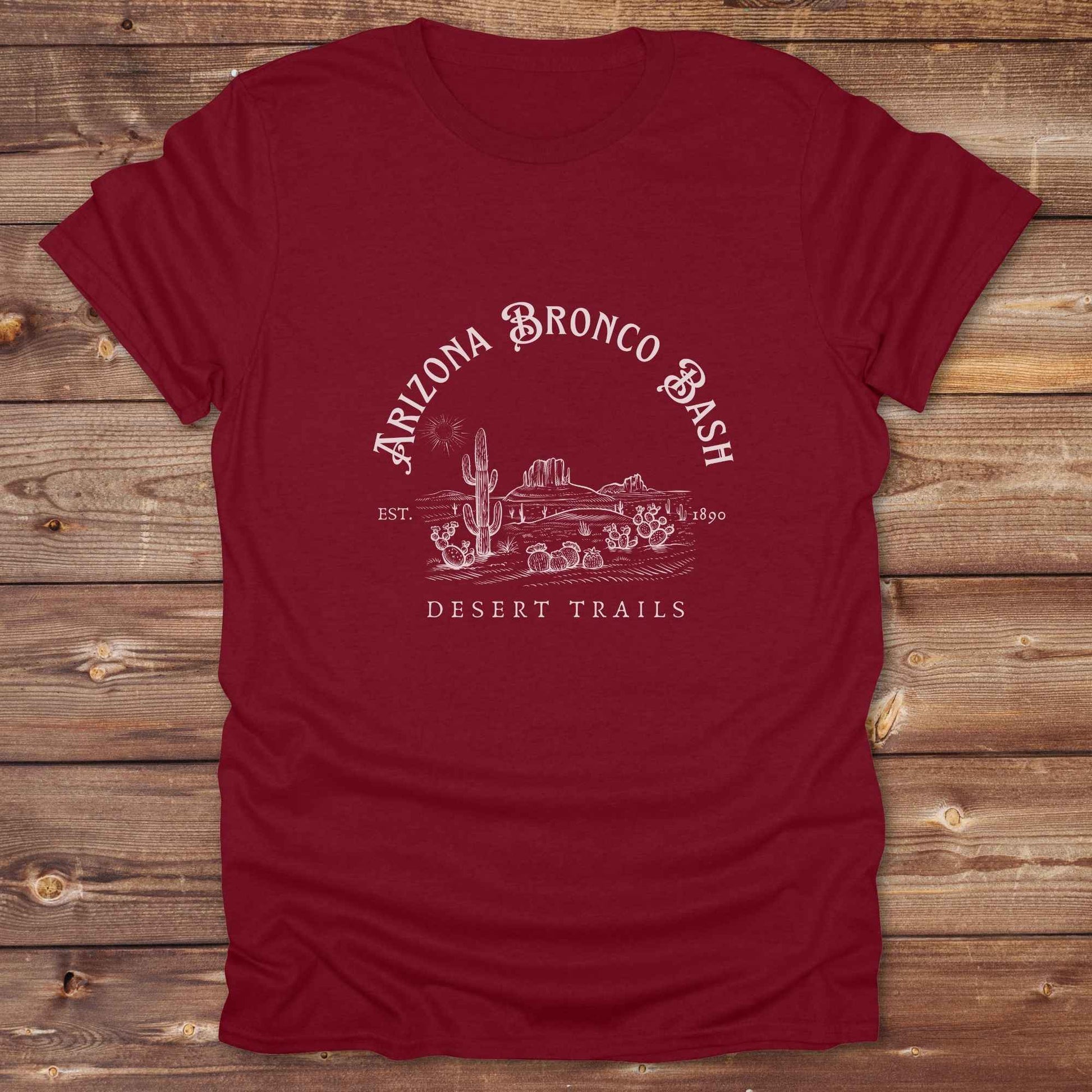 Fun western t-shirt featuring horse themed design for cowgirls, cowboys, horse lovers and equestrians, perfect for rodeo lovers, rustic style fans, and horse people. Unique graphic tee by Lasso and Loom. Arizona Bronco Bash Desert Trails.