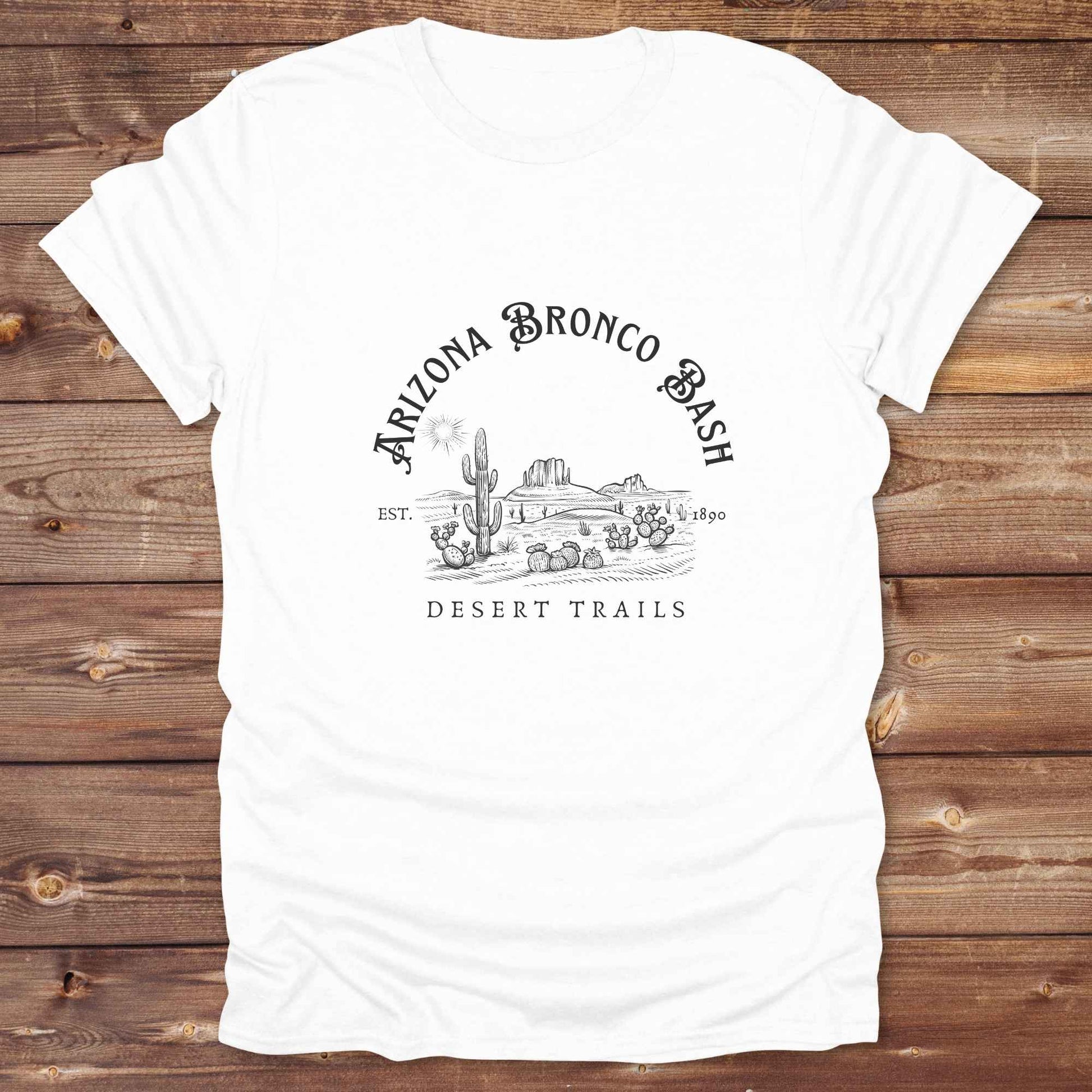 Fun western t-shirt featuring horse themed design for cowgirls, cowboys, horse lovers and equestrians, perfect for rodeo lovers, rustic style fans, and horse people. Unique graphic tee by Lasso and Loom. Arizona Bronco Bash Desert Trails.