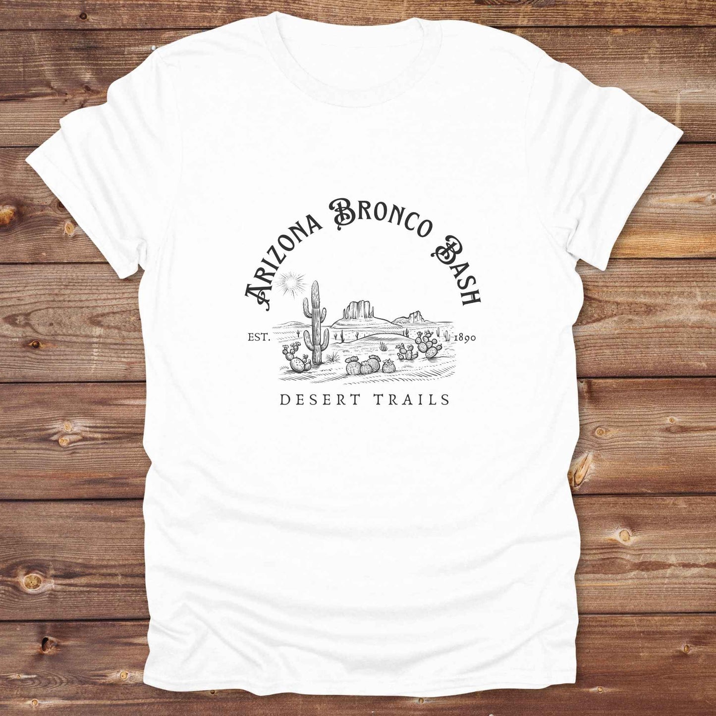 Fun western t-shirt featuring horse themed design for cowgirls, cowboys, horse lovers and equestrians, perfect for rodeo lovers, rustic style fans, and horse people. Unique graphic tee by Lasso and Loom. Arizona Bronco Bash Desert Trails.