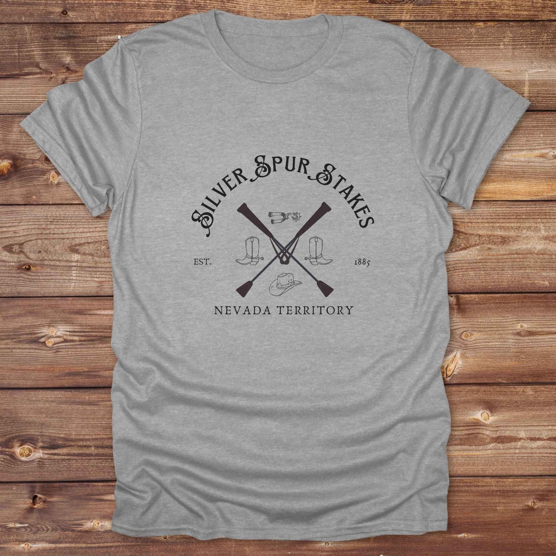 Fun western t-shirt featuring horse themed design for cowgirls, cowboys, horse lovers and equestrians, perfect for rodeo lovers, rustic style fans, and horse people. Unique graphic tee by Lasso and Loom. Silver spurs stakes nevada territory.