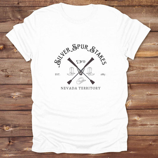 Fun western t-shirt featuring horse themed design for cowgirls, cowboys, horse lovers and equestrians, perfect for rodeo lovers, rustic style fans, and horse people. Unique graphic tee by Lasso and Loom. Silver spurs stakes nevada terriitory.