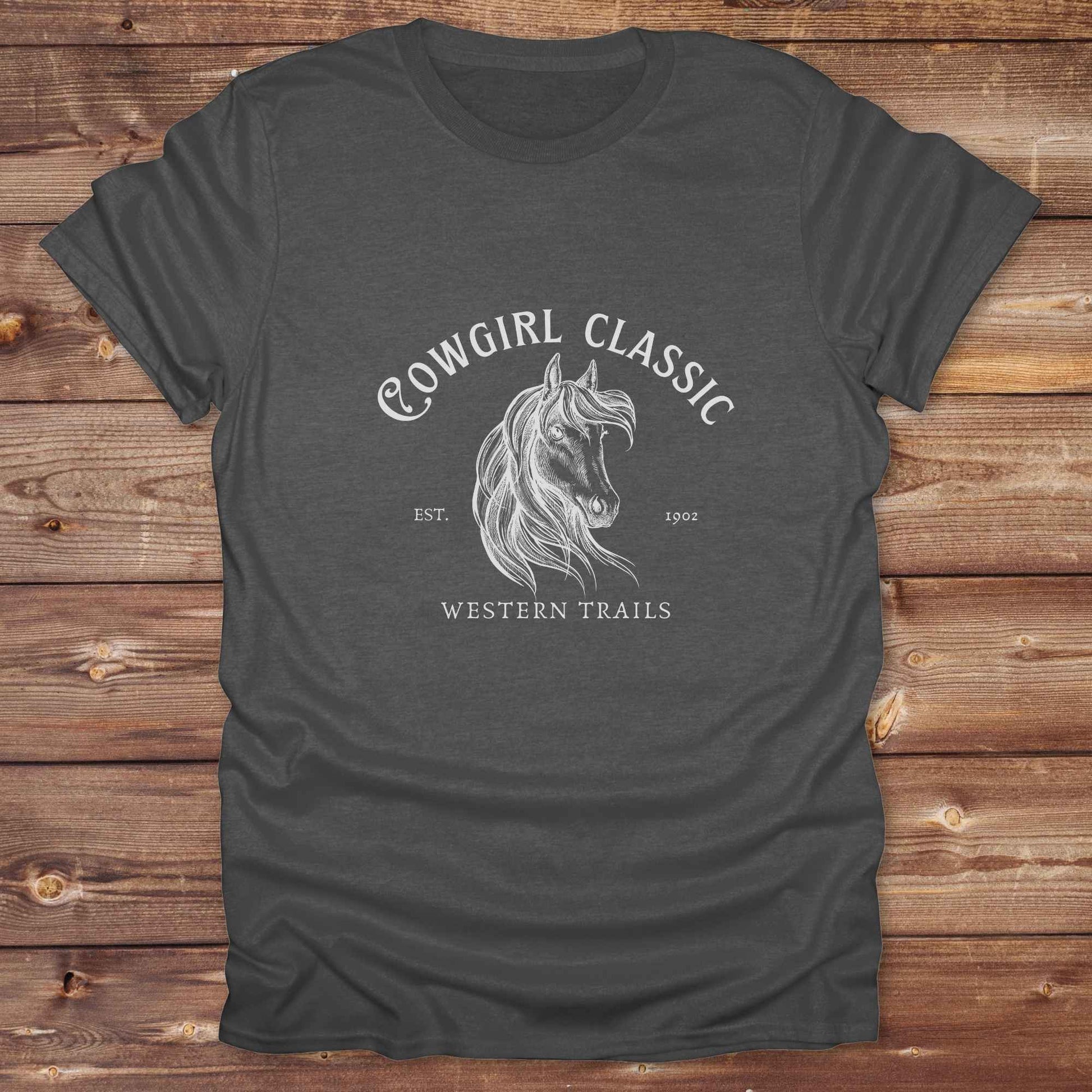 Fun western t-shirt featuring horse themed design for cowgirls, cowboys, horse lovers and equestrians, perfect for rodeo lovers, rustic style fans, and horse people. Unique graphic tee by Lasso and Loom. Cowgirl classic western trails.