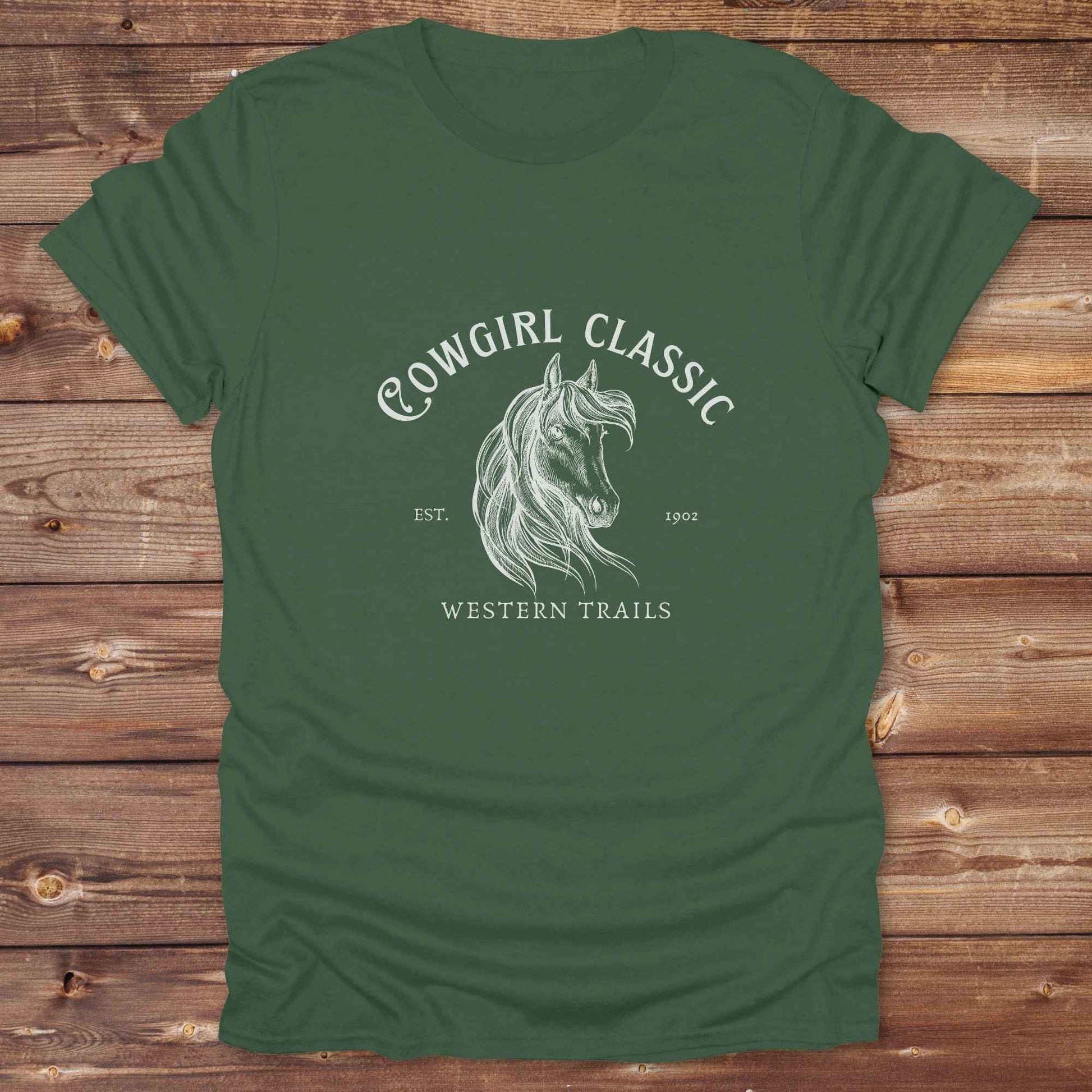 Fun western t-shirt featuring horse themed design for cowgirls, cowboys, horse lovers and equestrians, perfect for rodeo lovers, rustic style fans, and horse people. Unique graphic tee by Lasso and Loom. Cowgirl classic western trails.