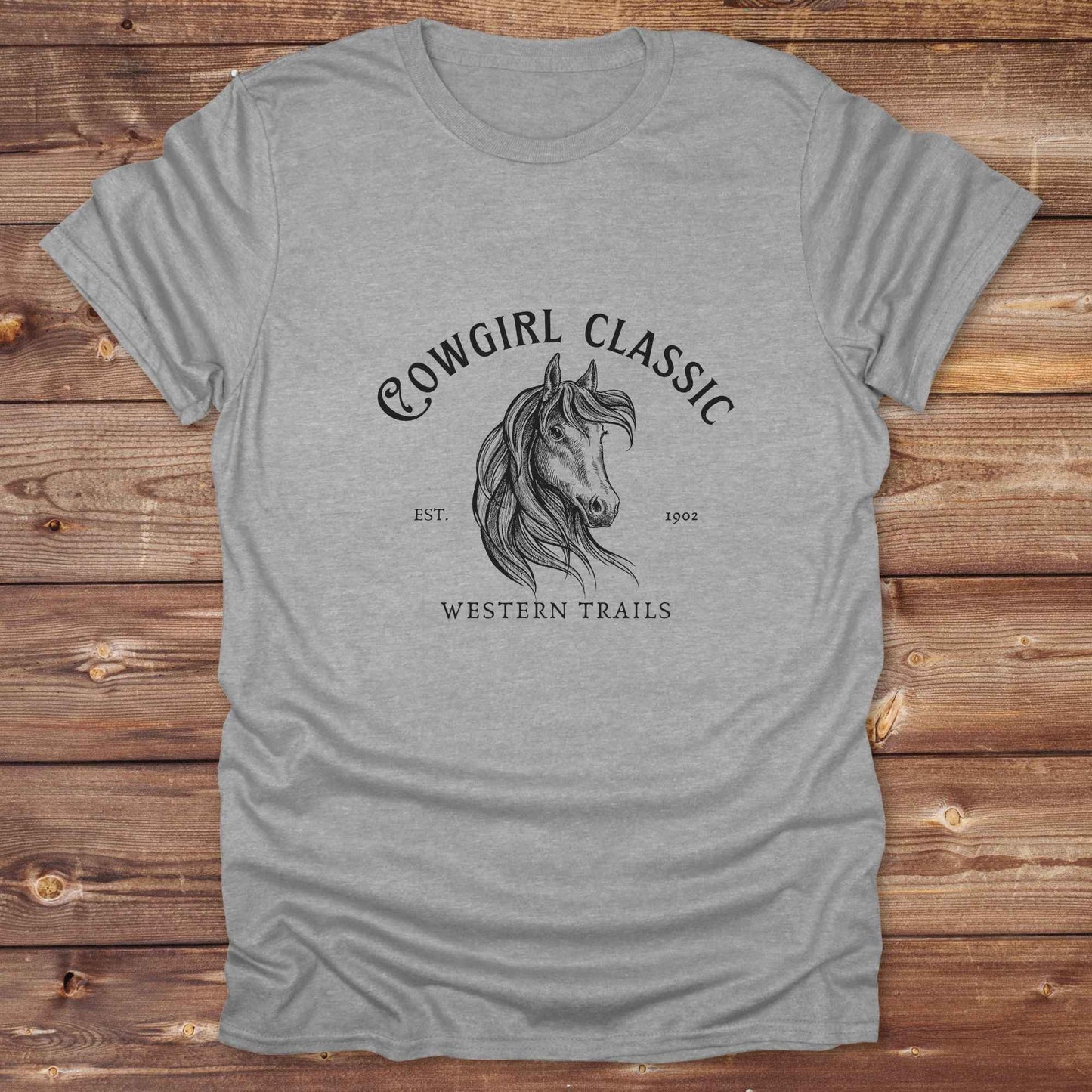 Fun western t-shirt featuring horse themed design for cowgirls, cowboys, horse lovers and equestrians, perfect for rodeo lovers, rustic style fans, and horse people. Unique graphic tee by Lasso and Loom. Cowgirl classic western trails.