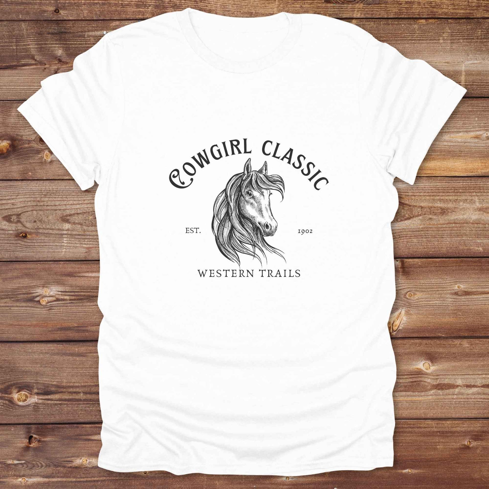 Fun western t-shirt featuring horse themed design for cowgirls, cowboys, horse lovers and equestrians, perfect for rodeo lovers, rustic style fans, and horse people. Unique graphic tee by Lasso and Loom. Cowgirl classic western trails.