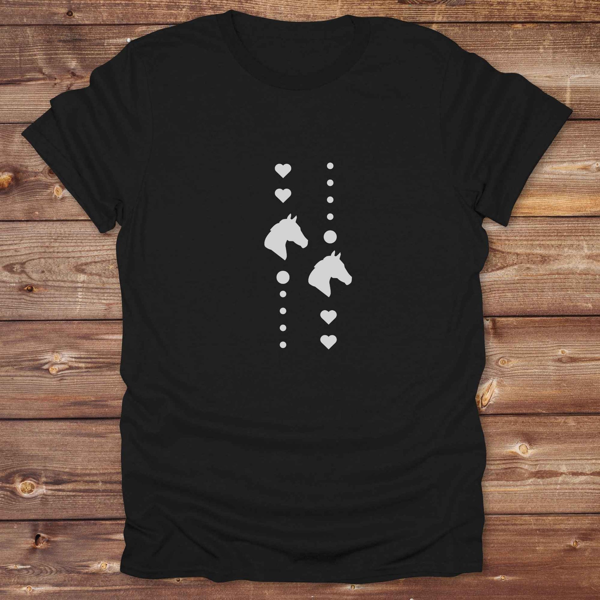 Fun western t-shirt featuring horse themed design for cowgirls, cowboys, horse lovers and equestrians, perfect for rodeo lovers, rustic style fans, and horse people. Unique graphic tee by Lasso and Loom. I Love horses with hearts.