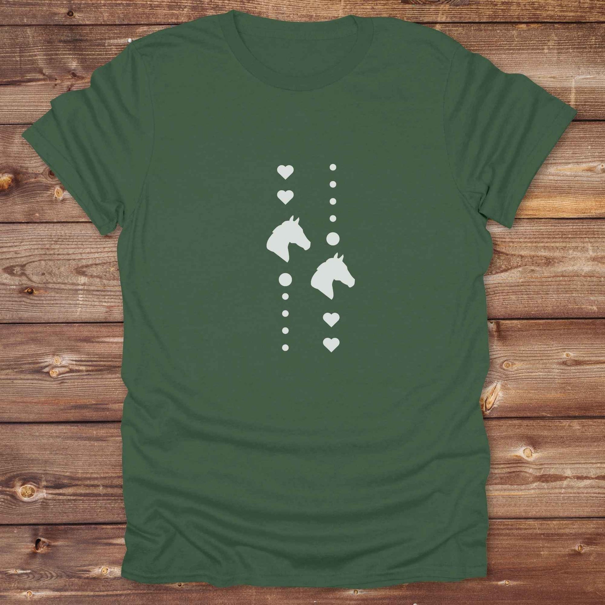 Fun western t-shirt featuring horse themed design for cowgirls, cowboys, horse lovers and equestrians, perfect for rodeo lovers, rustic style fans, and horse people. Unique graphic tee by Lasso and Loom. I Love horses with hearts.