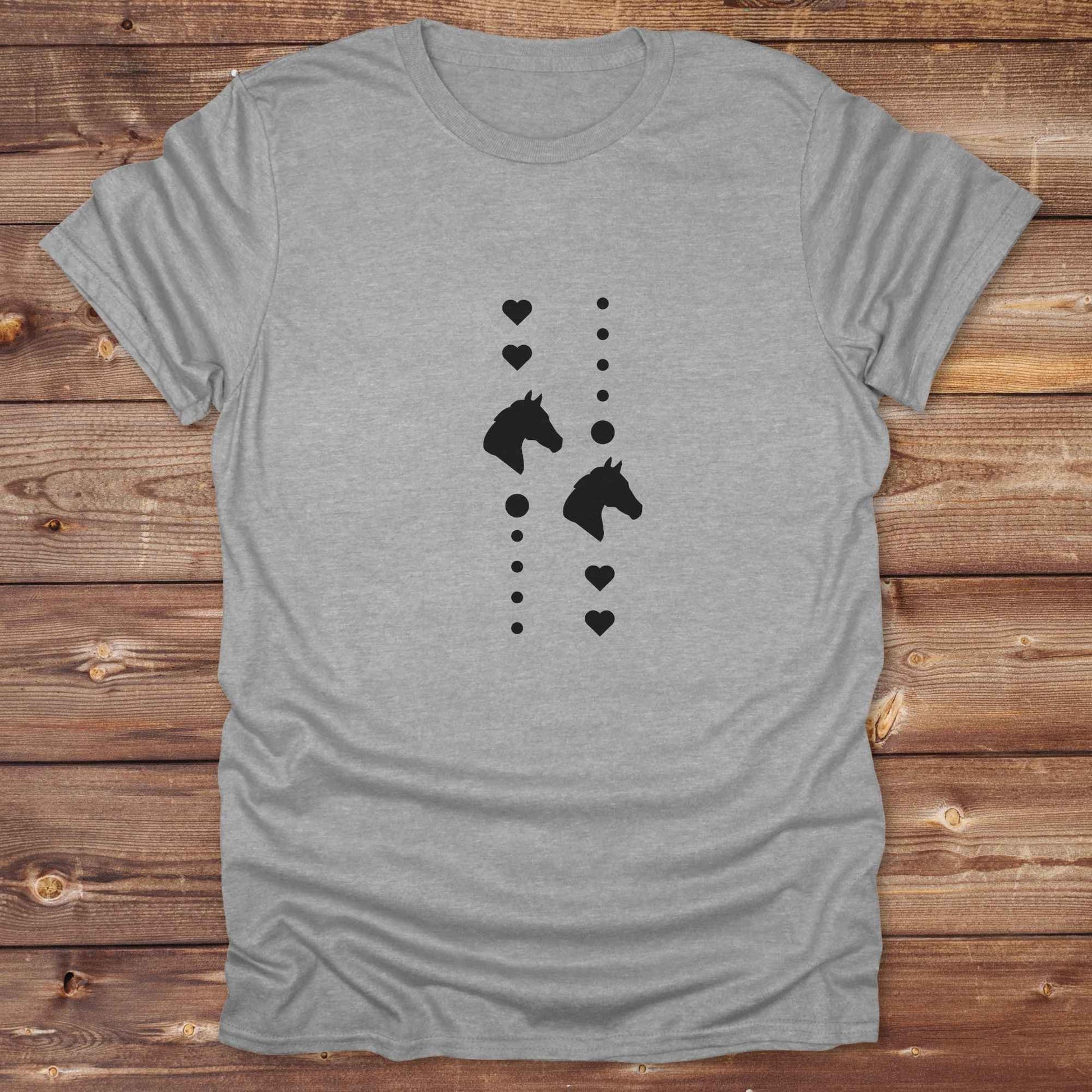 Fun western t-shirt featuring horse themed design for cowgirls, cowboys, horse lovers and equestrians, perfect for rodeo lovers, rustic style fans, and horse people. Unique graphic tee by Lasso and Loom. I Love horses with hearts.