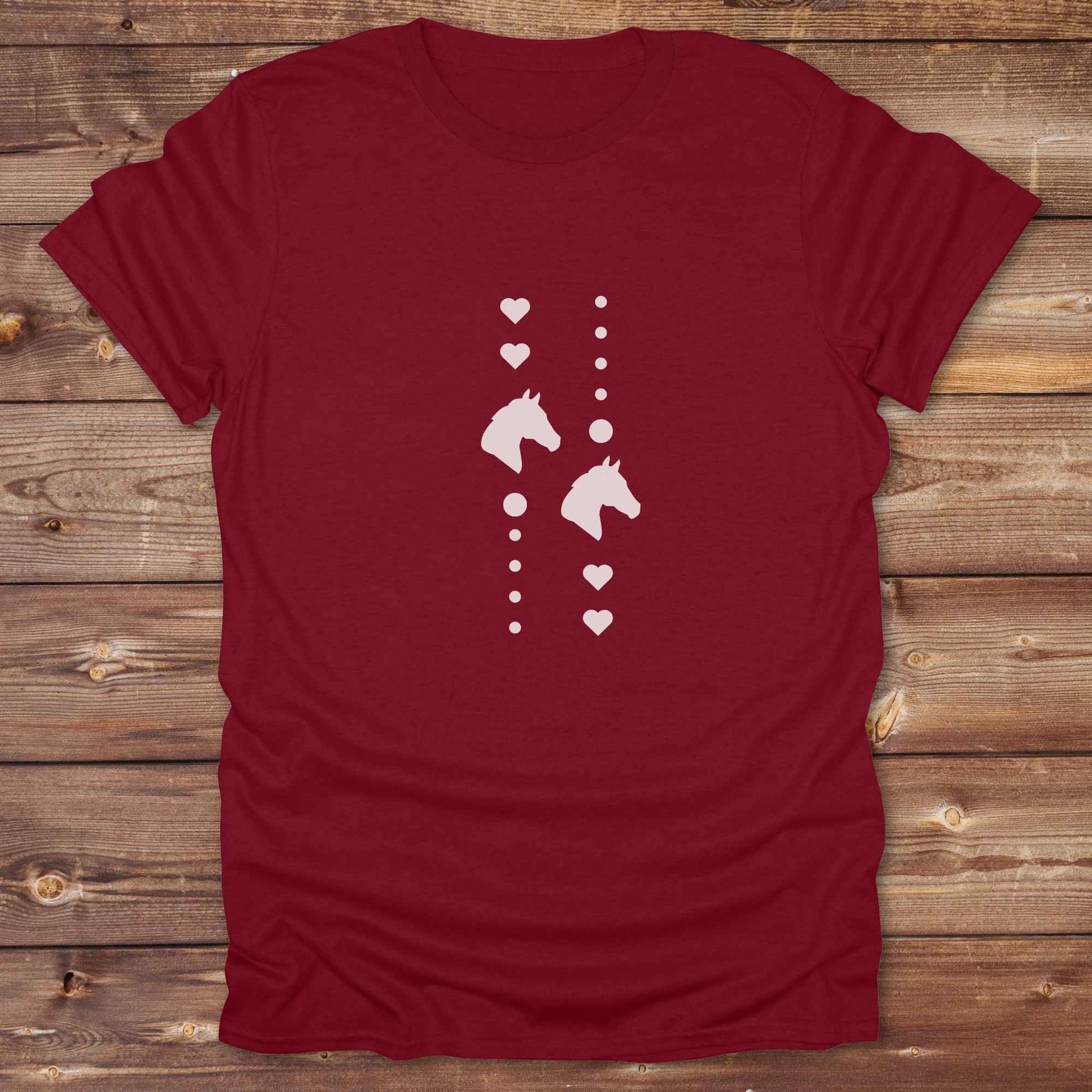 Fun western t-shirt featuring horse themed design for cowgirls, cowboys, horse lovers and equestrians, perfect for rodeo lovers, rustic style fans, and horse people. Unique graphic tee by Lasso and Loom. I Love horses with hearts.