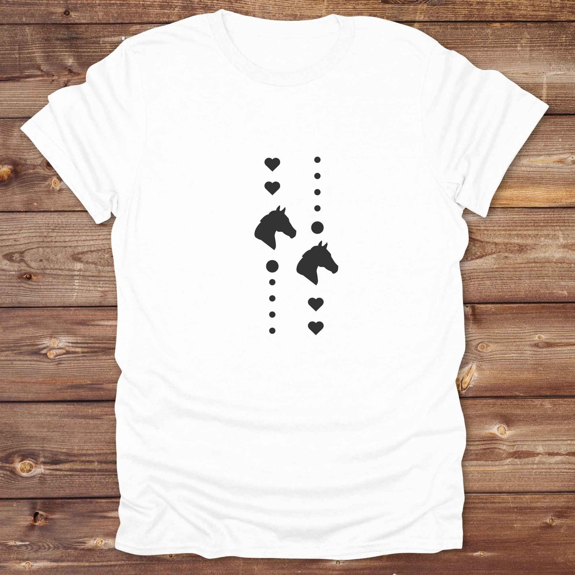 Fun western t-shirt featuring horse themed design for cowgirls, cowboys, horse lovers and equestrians, perfect for rodeo lovers, rustic style fans, and horse people. Unique graphic tee by Lasso and Loom. I Love horses with hearts.