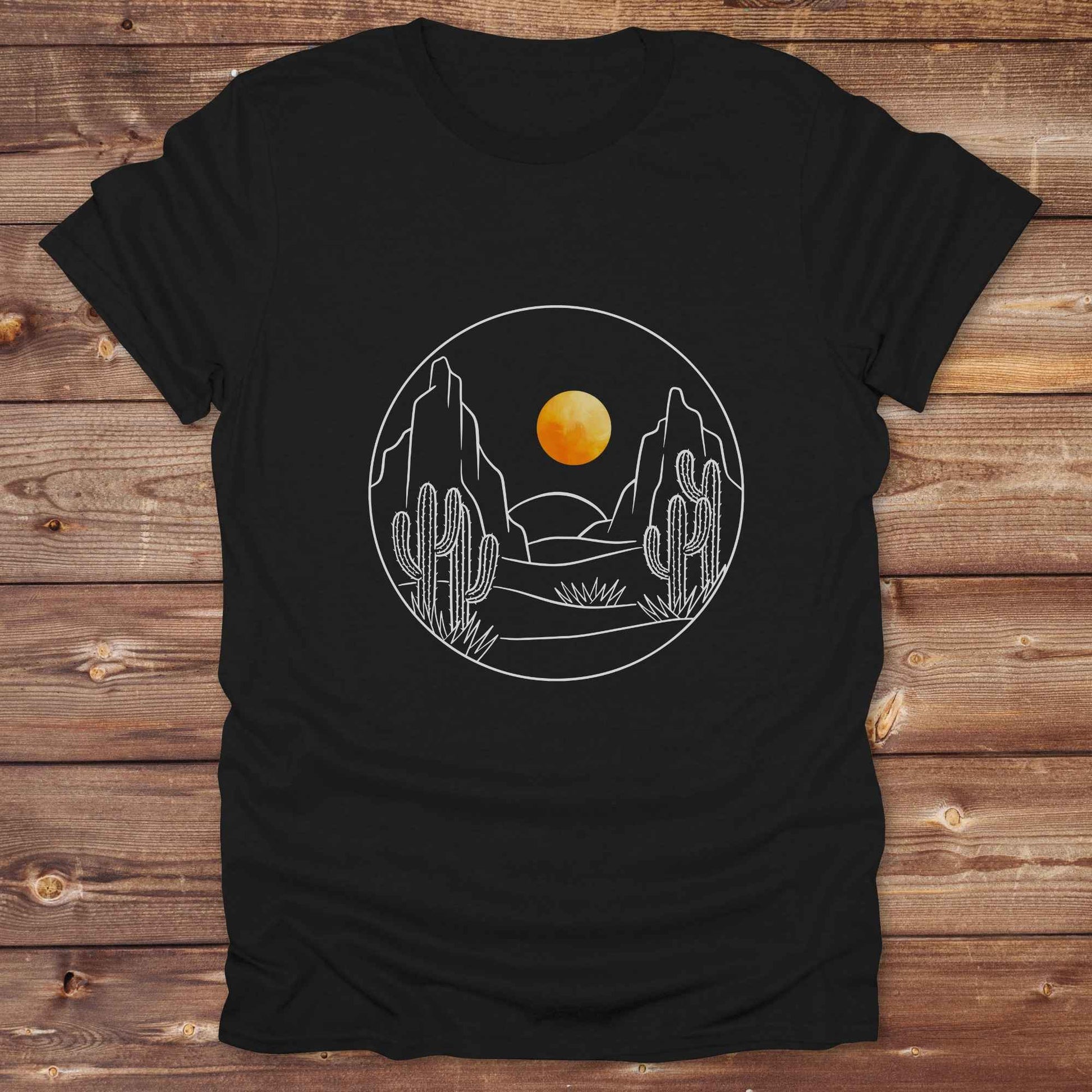 Fun western t-shirt featuring horse themed design for cowgirls, cowboys, horse lovers and equestrians, perfect for rodeo lovers, rustic style fans, and horse people. Unique graphic tee by Lasso and Loom.  Desert landscape with orange setting sun.