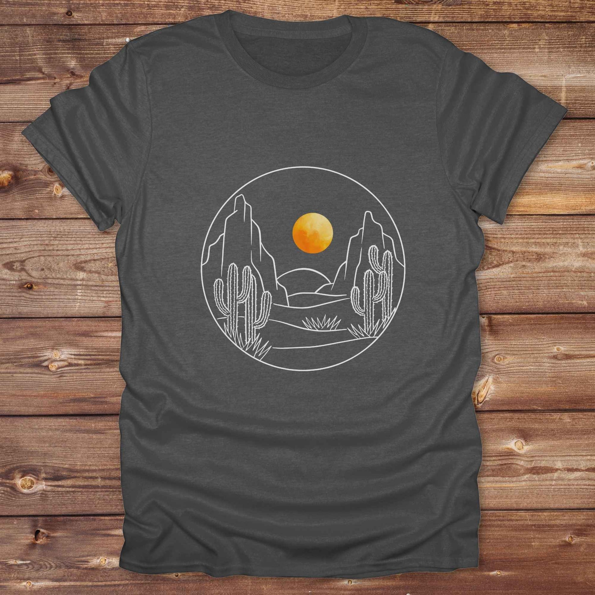 Fun western t-shirt featuring horse themed design for cowgirls, cowboys, horse lovers and equestrians, perfect for rodeo lovers, rustic style fans, and horse people. Unique graphic tee by Lasso and Loom.  Desert landscape with orange setting sun.