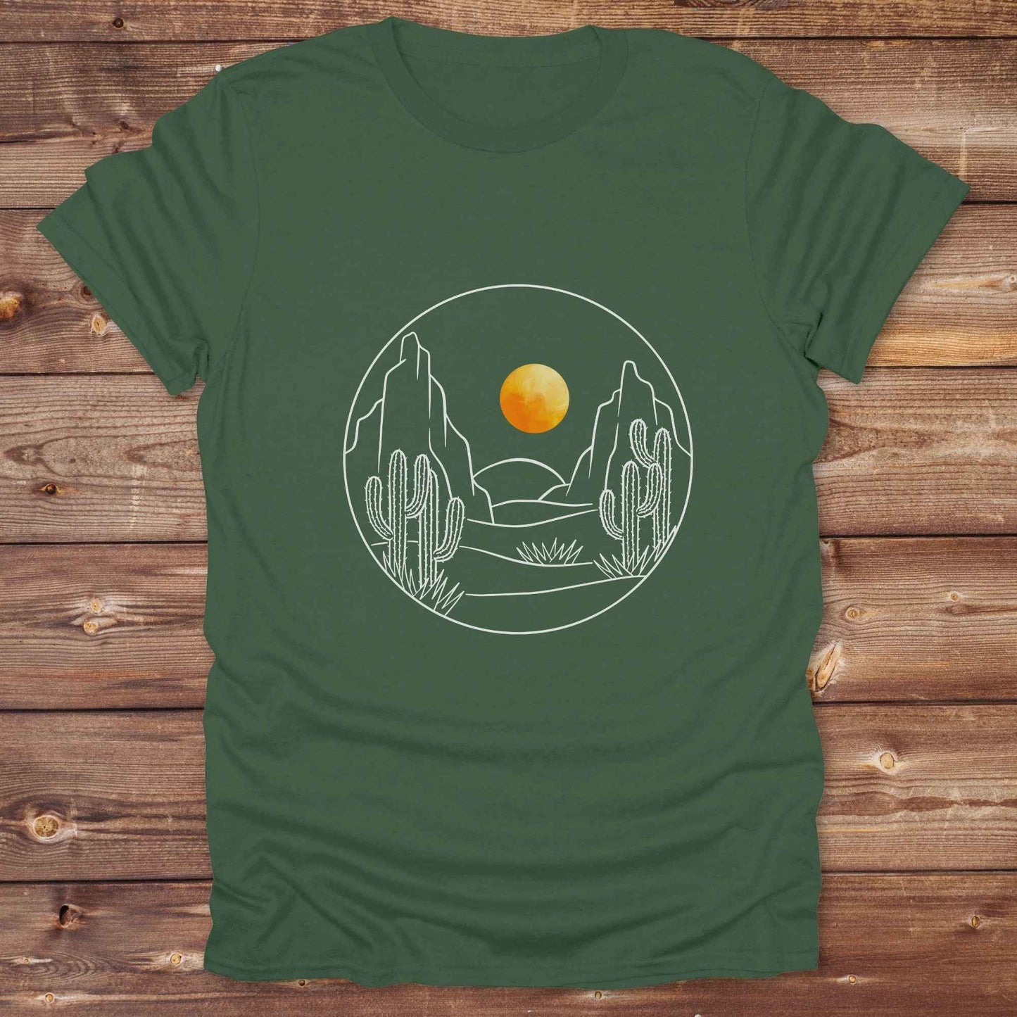 Fun western t-shirt featuring horse themed design for cowgirls, cowboys, horse lovers and equestrians, perfect for rodeo lovers, rustic style fans, and horse people. Unique graphic tee by Lasso and Loom. Desert landscape with orange setting sun.