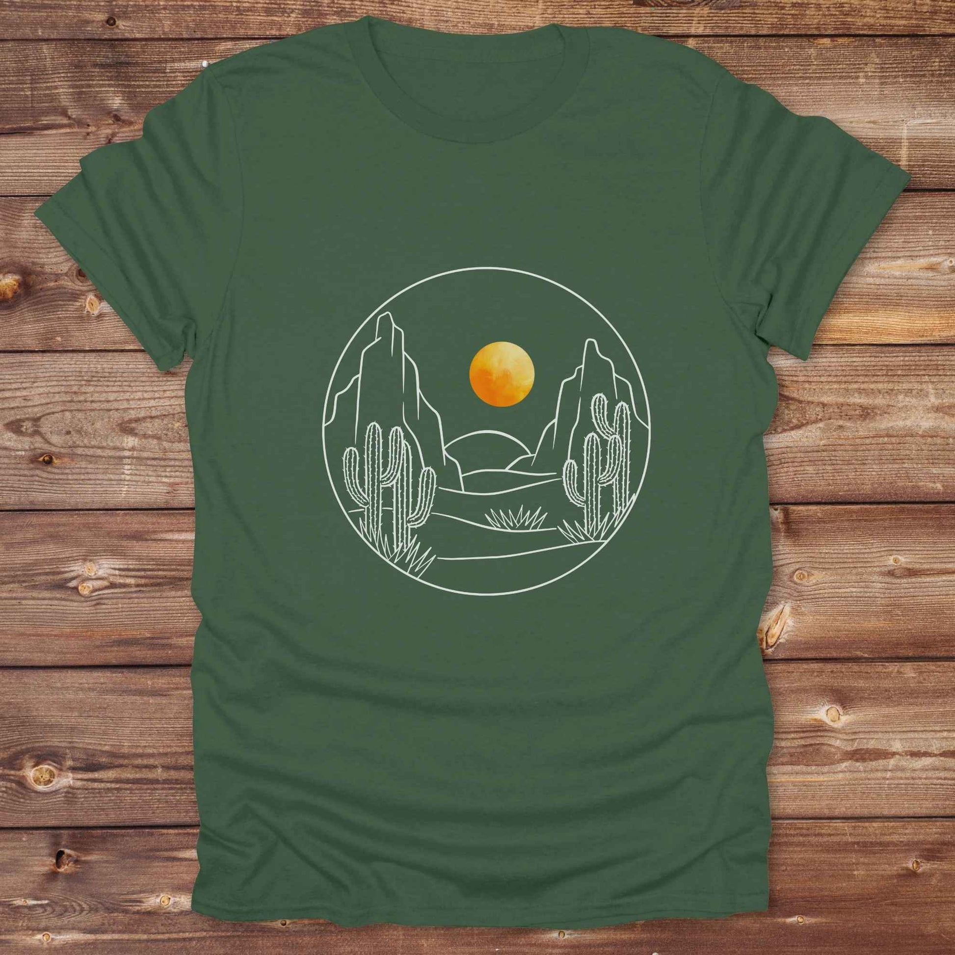 Fun western t-shirt featuring horse themed design for cowgirls, cowboys, horse lovers and equestrians, perfect for rodeo lovers, rustic style fans, and horse people. Unique graphic tee by Lasso and Loom.  Desert landscape with orange setting sun.