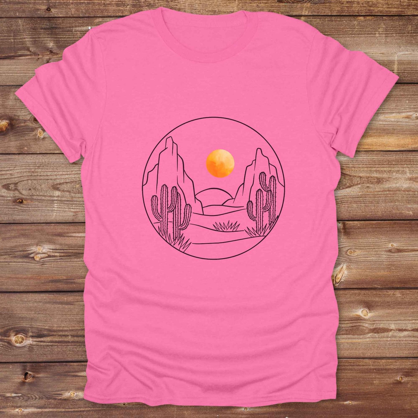 Fun western t-shirt featuring horse themed design for cowgirls, cowboys, horse lovers and equestrians, perfect for rodeo lovers, rustic style fans, and horse people. Unique graphic tee by Lasso and Loom. Desert landscape with orange setting sun.