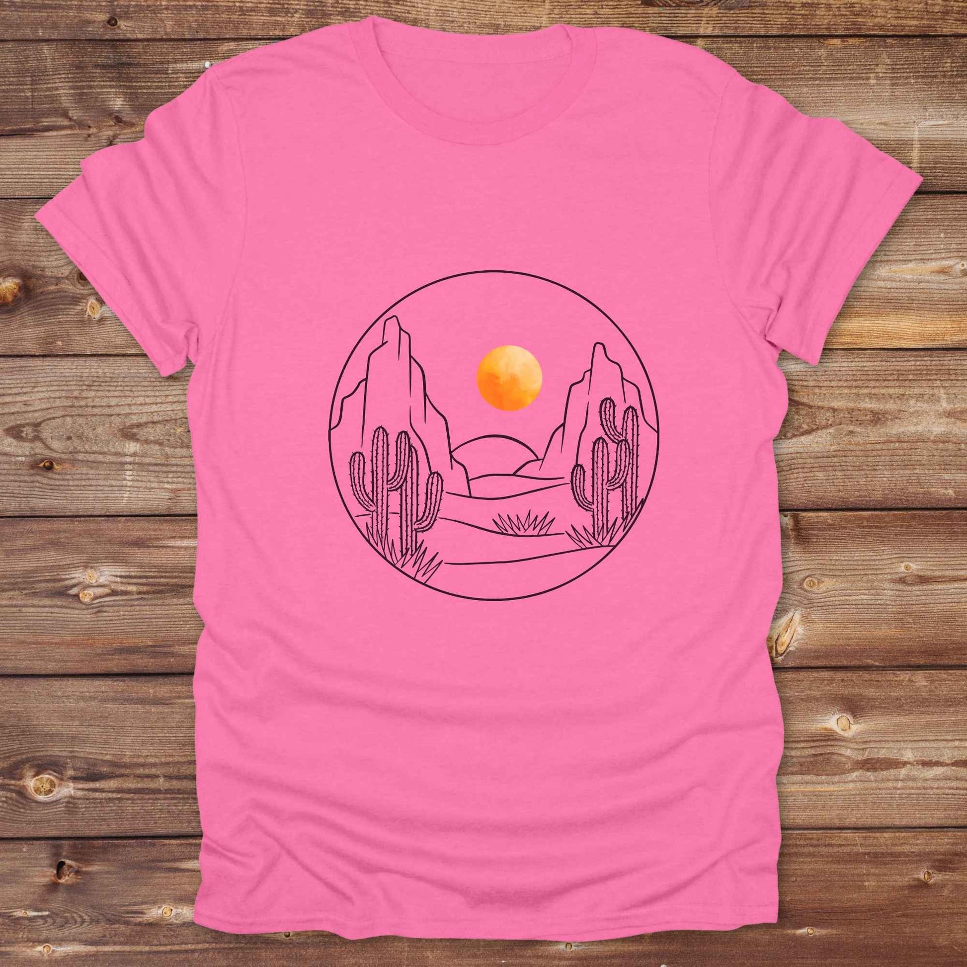 Fun western t-shirt featuring horse themed design for cowgirls, cowboys, horse lovers and equestrians, perfect for rodeo lovers, rustic style fans, and horse people. Unique graphic tee by Lasso and Loom.  Desert landscape with orange setting sun.