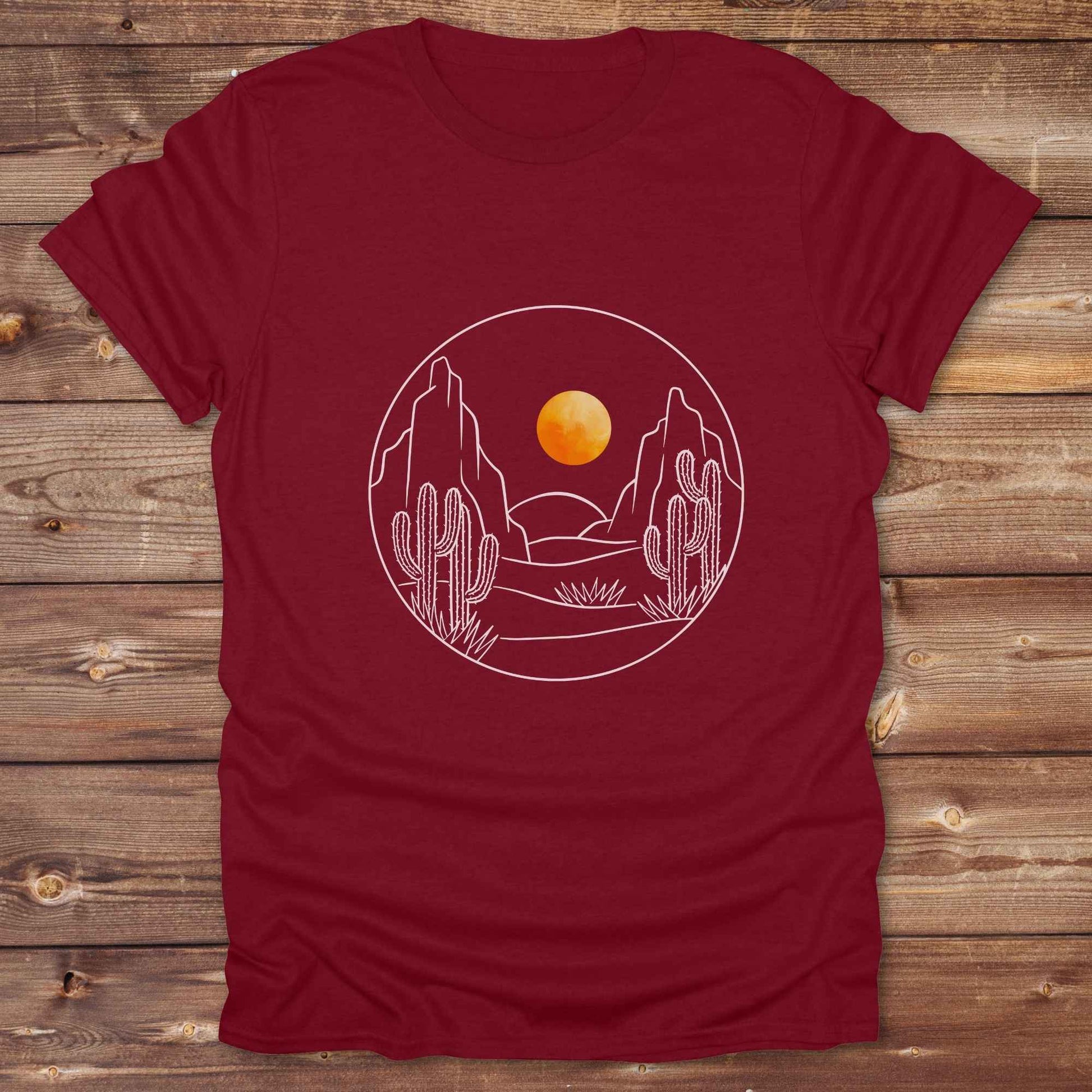 Fun western t-shirt featuring horse themed design for cowgirls, cowboys, horse lovers and equestrians, perfect for rodeo lovers, rustic style fans, and horse people. Unique graphic tee by Lasso and Loom.  Desert landscape with orange setting sun.