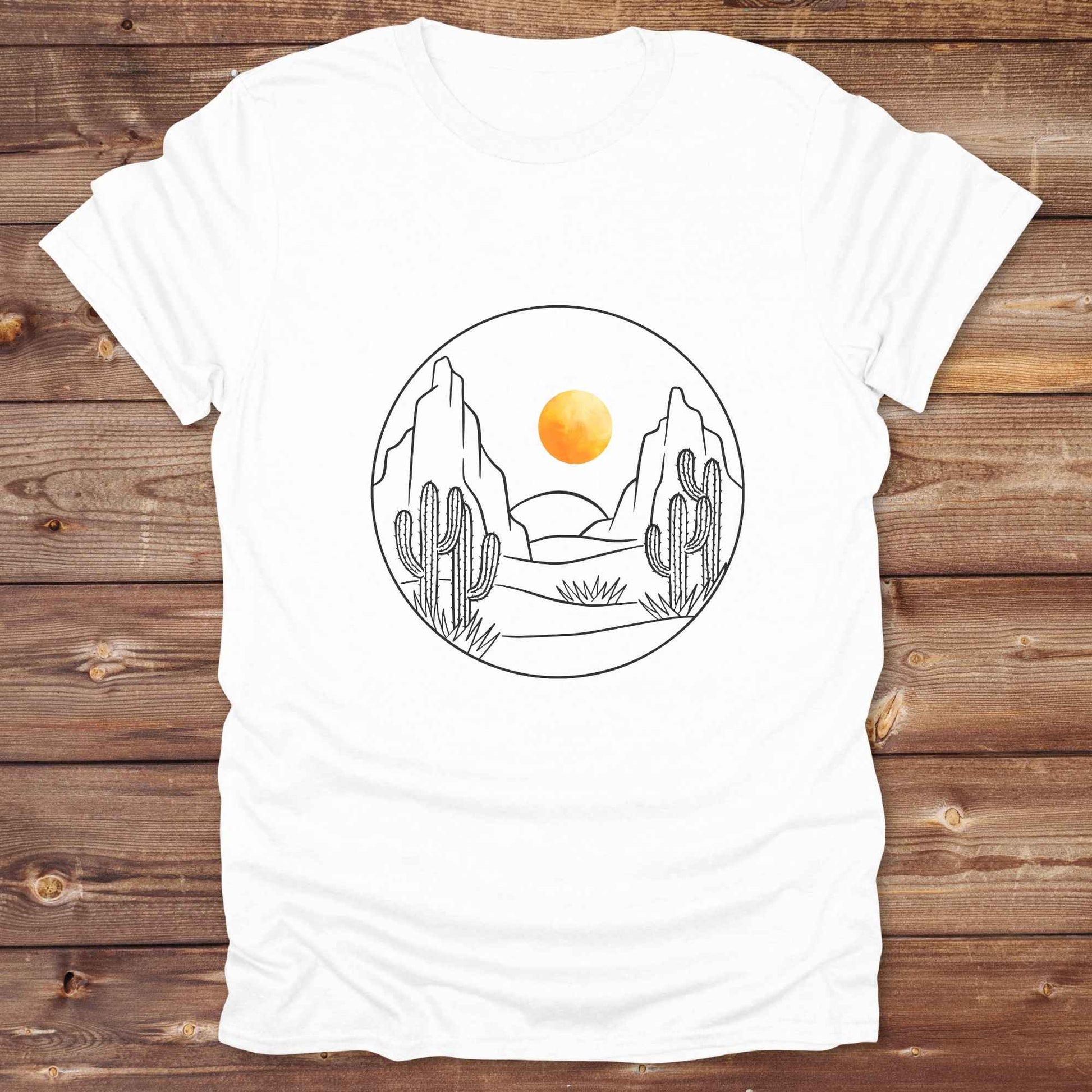 Fun western t-shirt featuring horse themed design for cowgirls, cowboys, horse lovers and equestrians, perfect for rodeo lovers, rustic style fans, and horse people. Unique graphic tee by Lasso and Loom.  Desert landscape with orange setting sun.