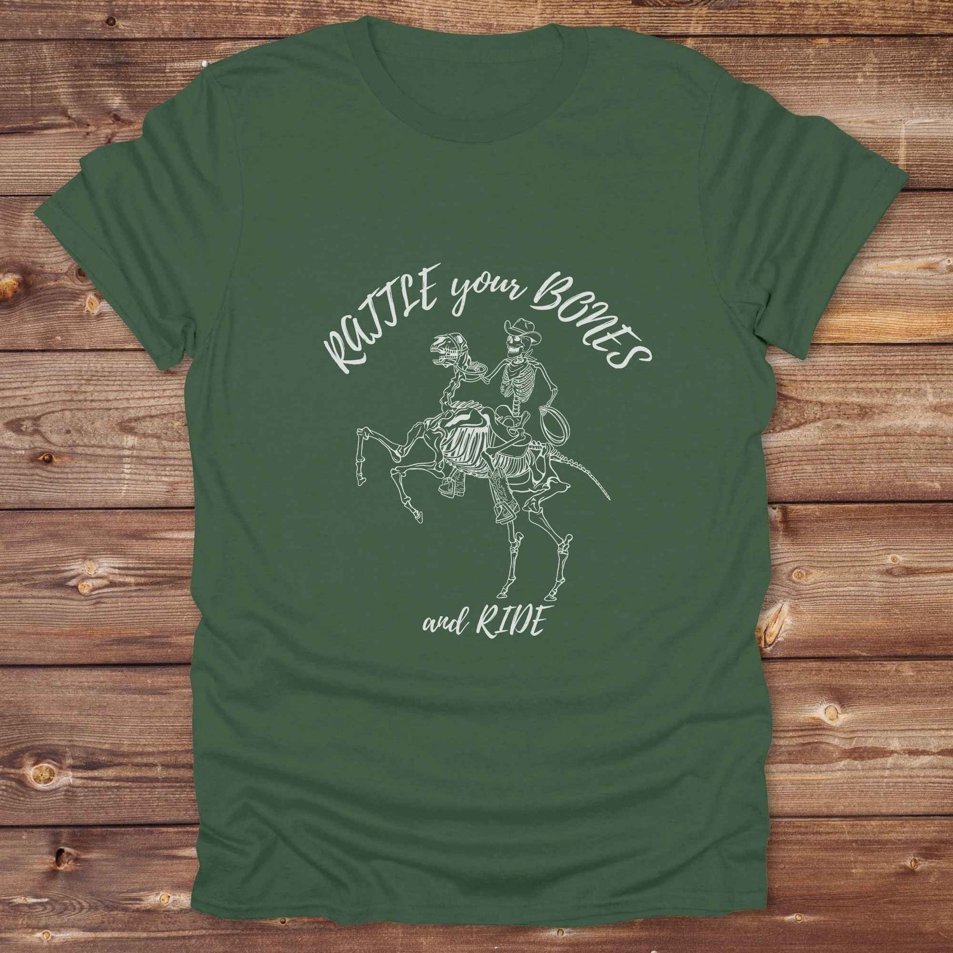 Fun western t-shirt featuring horse themed design for cowgirls, cowboys, horse lovers and equestrians, perfect for rodeo lovers, rustic style fans, and horse people. Unique graphic tee by Lasso and Loom.  Rattle your bones and ride.