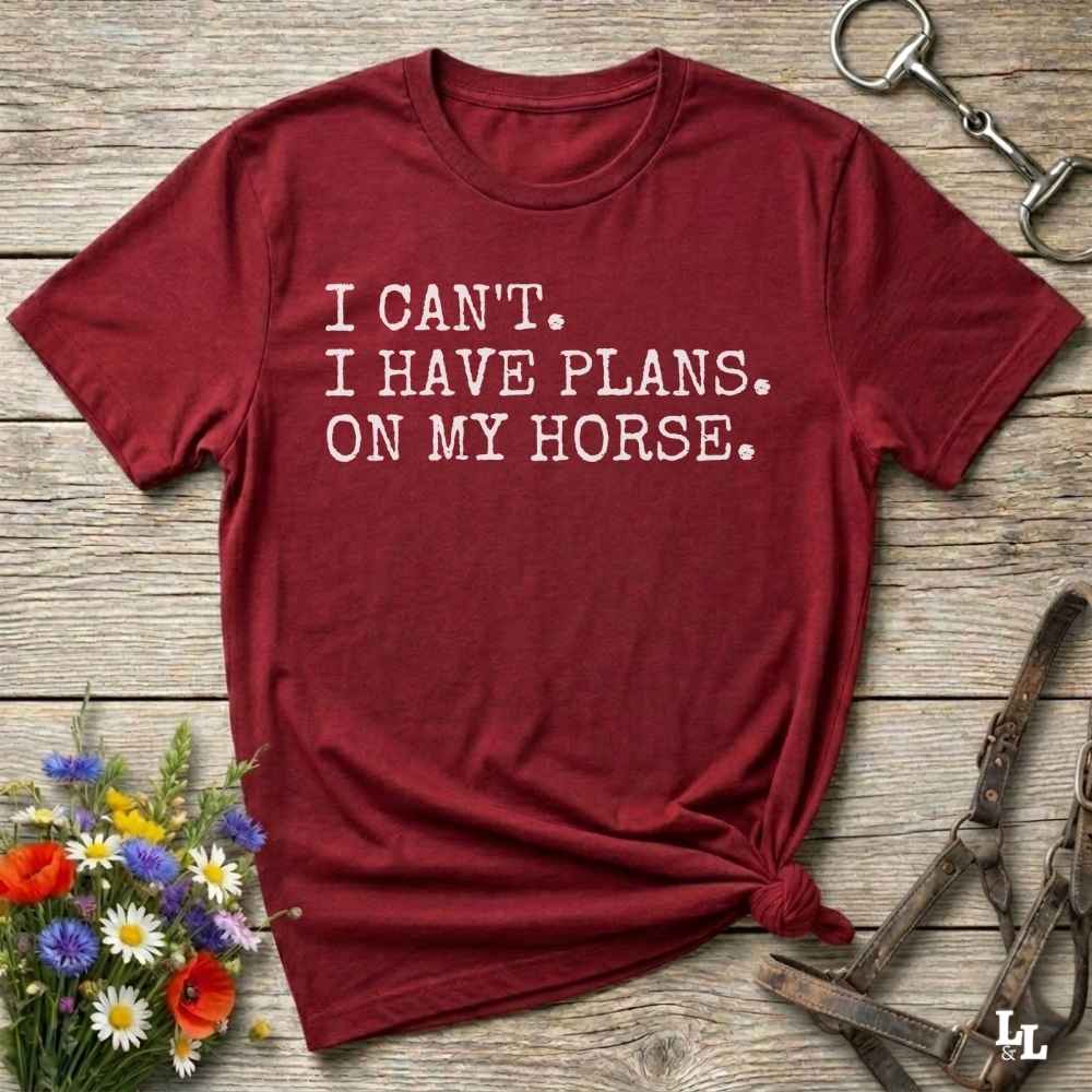 Fun western t-shirt featuring horse themed design for cowgirls, cowboys, horse lovers and equestrians, perfect for rodeo lovers, rustic style fans, and horse people. Unique graphic tee by Lasso and Loom. I Can't I have plans.