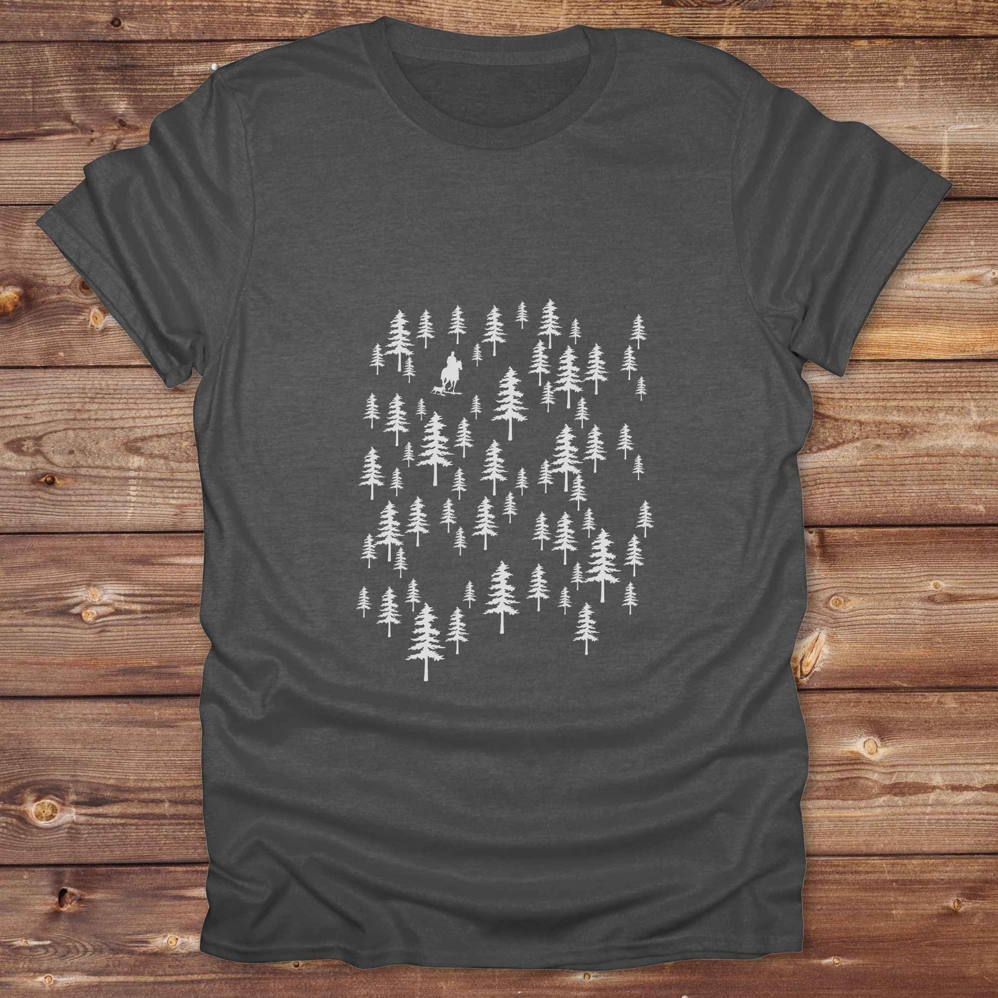 Fun western t-shirt featuring horse themed design for cowgirls, cowboys, horse lovers and equestrians, perfect for rodeo lovers, rustic style fans, and horse people. Unique graphic tee by Lasso and Loom.  Forest with hors