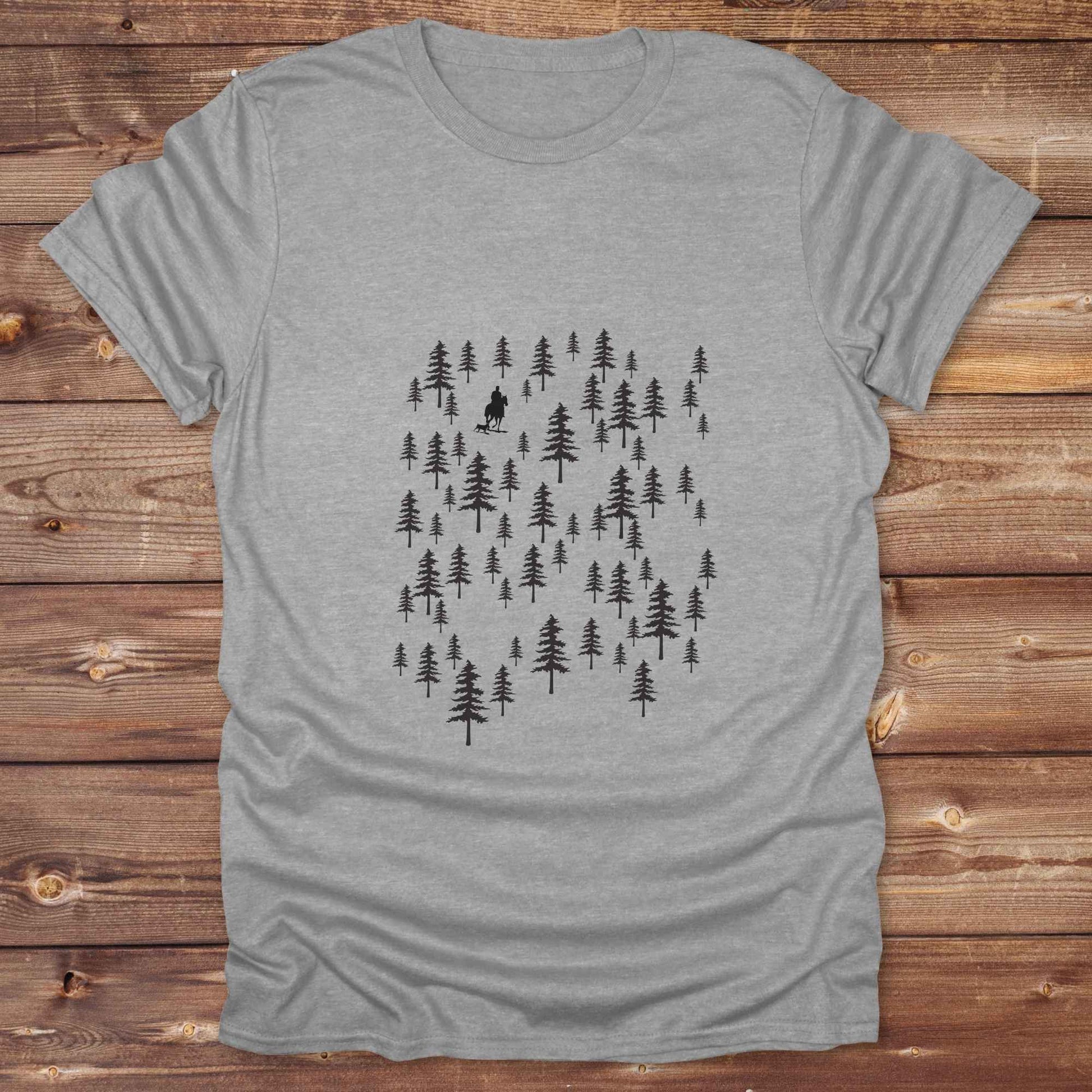 Fun western t-shirt featuring horse themed design for cowgirls, cowboys, horse lovers and equestrians, perfect for rodeo lovers, rustic style fans, and horse people. Unique graphic tee by Lasso and Loom.  Forest with hors