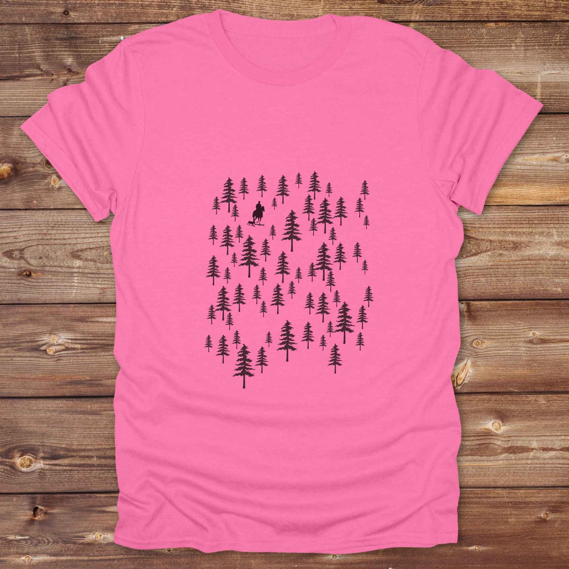 Fun western t-shirt featuring horse themed design for cowgirls, cowboys, horse lovers and equestrians, perfect for rodeo lovers, rustic style fans, and horse people. Unique graphic tee by Lasso and Loom.  Forest with hors