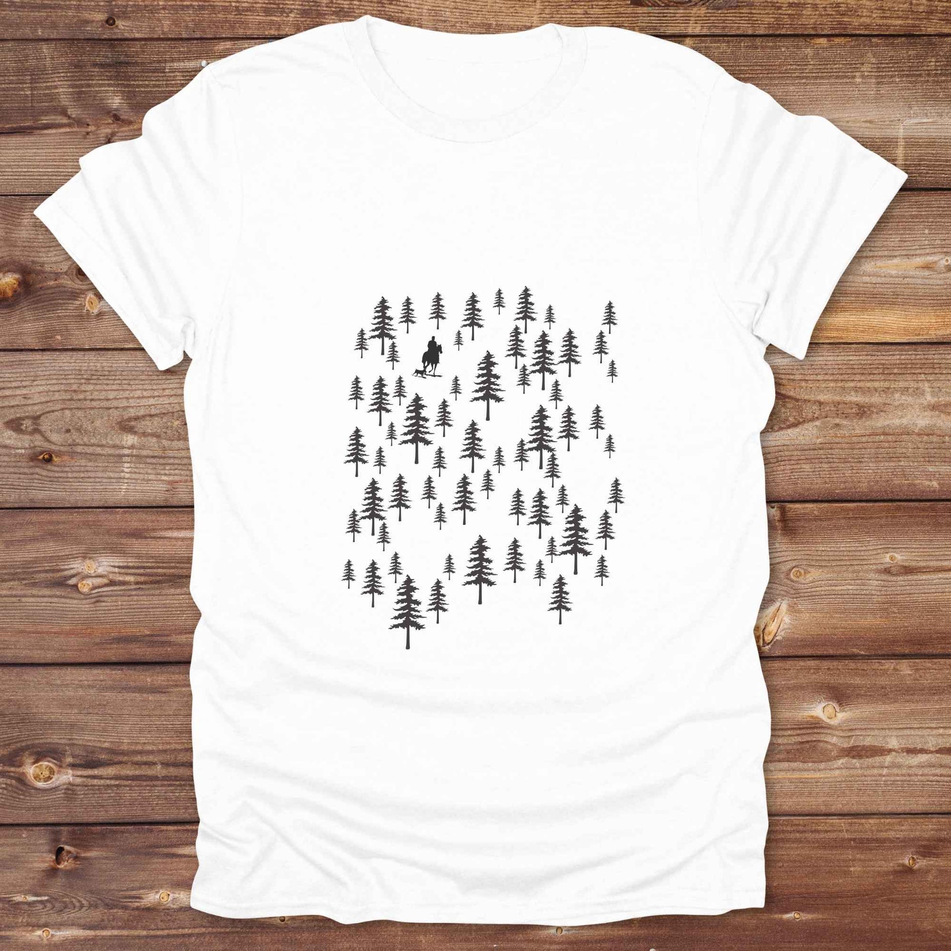 Fun western t-shirt featuring horse themed design for cowgirls, cowboys, horse lovers and equestrians, perfect for rodeo lovers, rustic style fans, and horse people. Unique graphic tee by Lasso and Loom.  Forest with hors