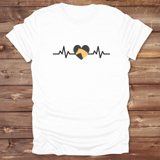 Fun western t-shirt featuring horse themed design for cowgirls, cowboys, horse lovers and equestrians, perfect for rodeo lovers, rustic style fans, and horse people. Unique graphic tee by Lasso and Loom. Heartbeat with a horse in orange.