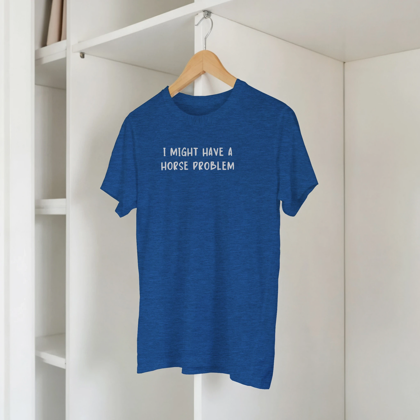 Funny cowgirl horse lover tee reading ‘I Might Have a Horse Problem’ with horse silhouette design