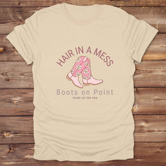 Fun western t-shirt featuring horse themed design for cowgirls, cowboys, horse lovers and equestrians, perfect for rodeo lovers, rustic style fans, and horse people. Unique graphic tee by Lasso and Loom. Hair in a Mess Boots on Point.