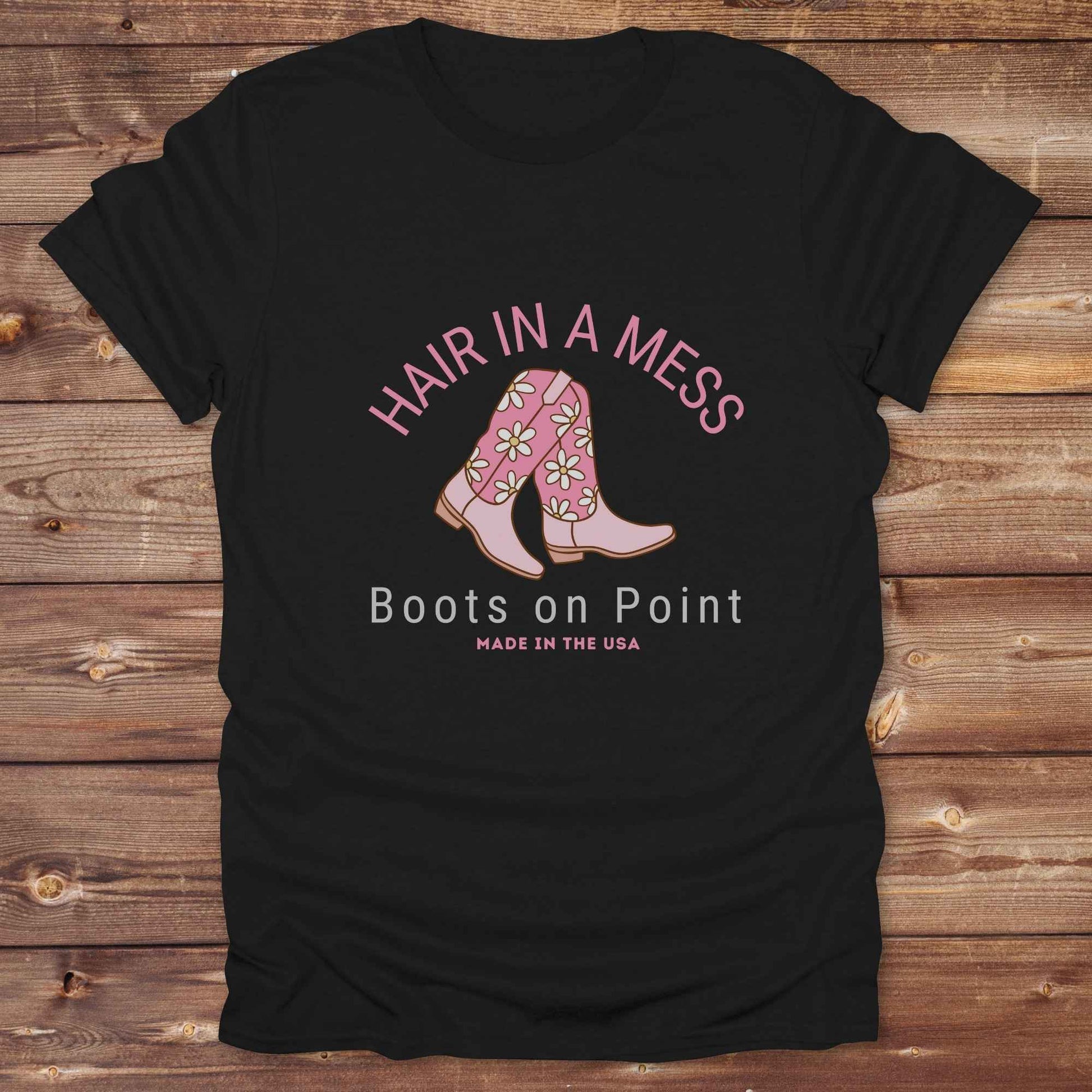 Fun western t-shirt featuring horse themed design for cowgirls, cowboys, horse lovers and equestrians, perfect for rodeo lovers, rustic style fans, and horse people. Unique graphic tee by Lasso and Loom. Hair in a Mess Boots on Point.