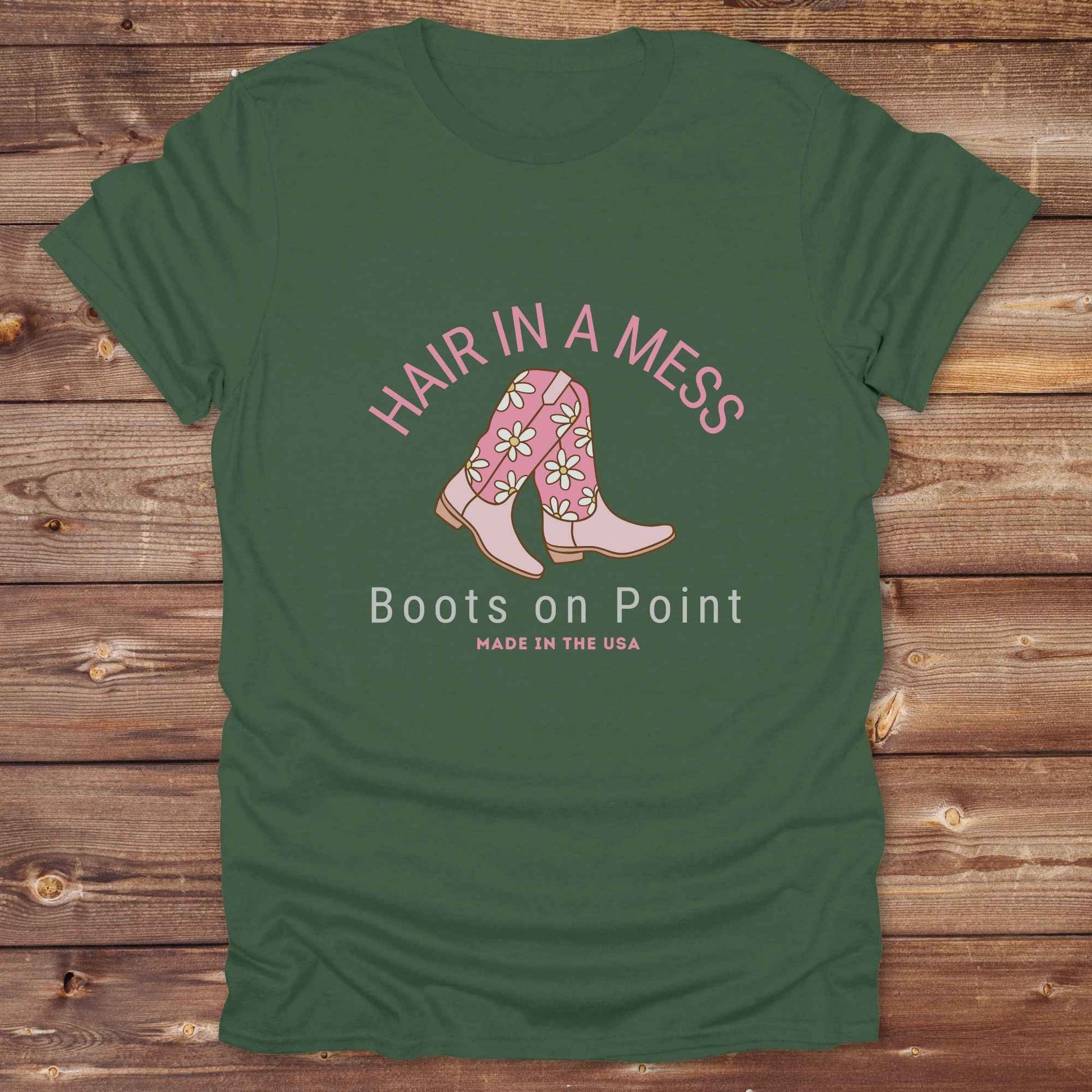Fun western t-shirt featuring horse themed design for cowgirls, cowboys, horse lovers and equestrians, perfect for rodeo lovers, rustic style fans, and horse people. Unique graphic tee by Lasso and Loom. Hair in a Mess Boots on Point.