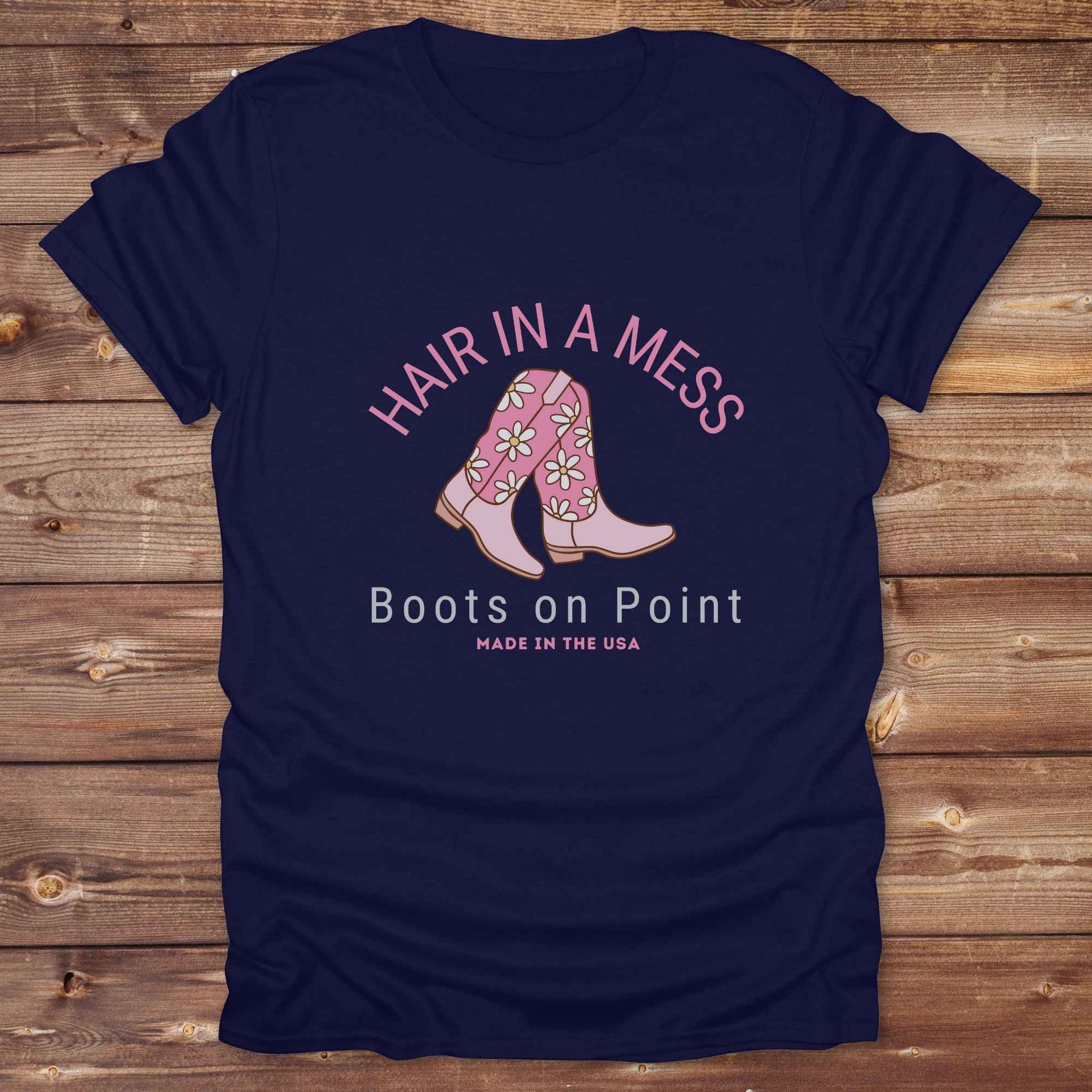 Fun western t-shirt featuring horse themed design for cowgirls, cowboys, horse lovers and equestrians, perfect for rodeo lovers, rustic style fans, and horse people. Unique graphic tee by Lasso and Loom. Hair in a Mess Boots on Point.