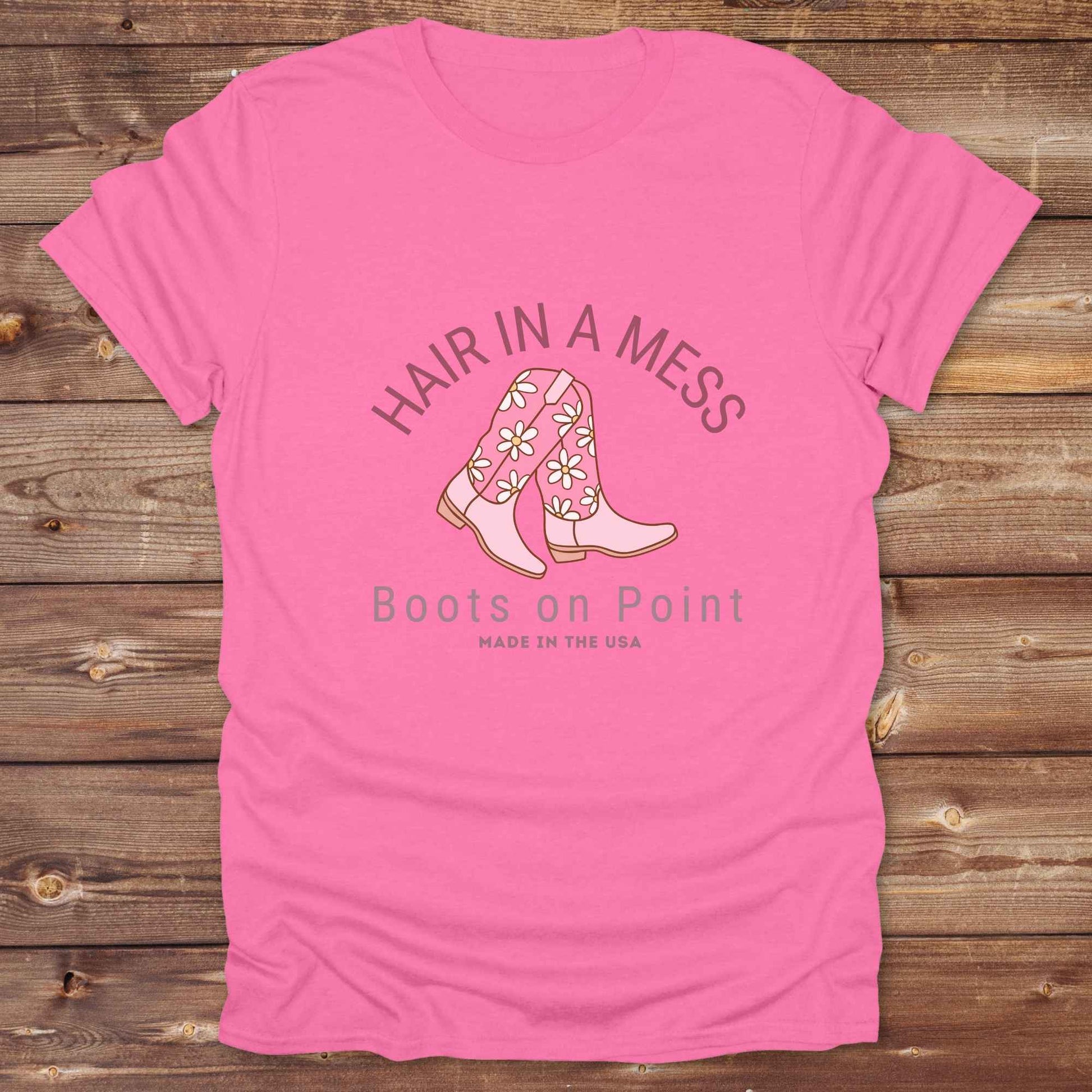 Fun western t-shirt featuring horse themed design for cowgirls, cowboys, horse lovers and equestrians, perfect for rodeo lovers, rustic style fans, and horse people. Unique graphic tee by Lasso and Loom. Hair in a Mess Boots on Point.