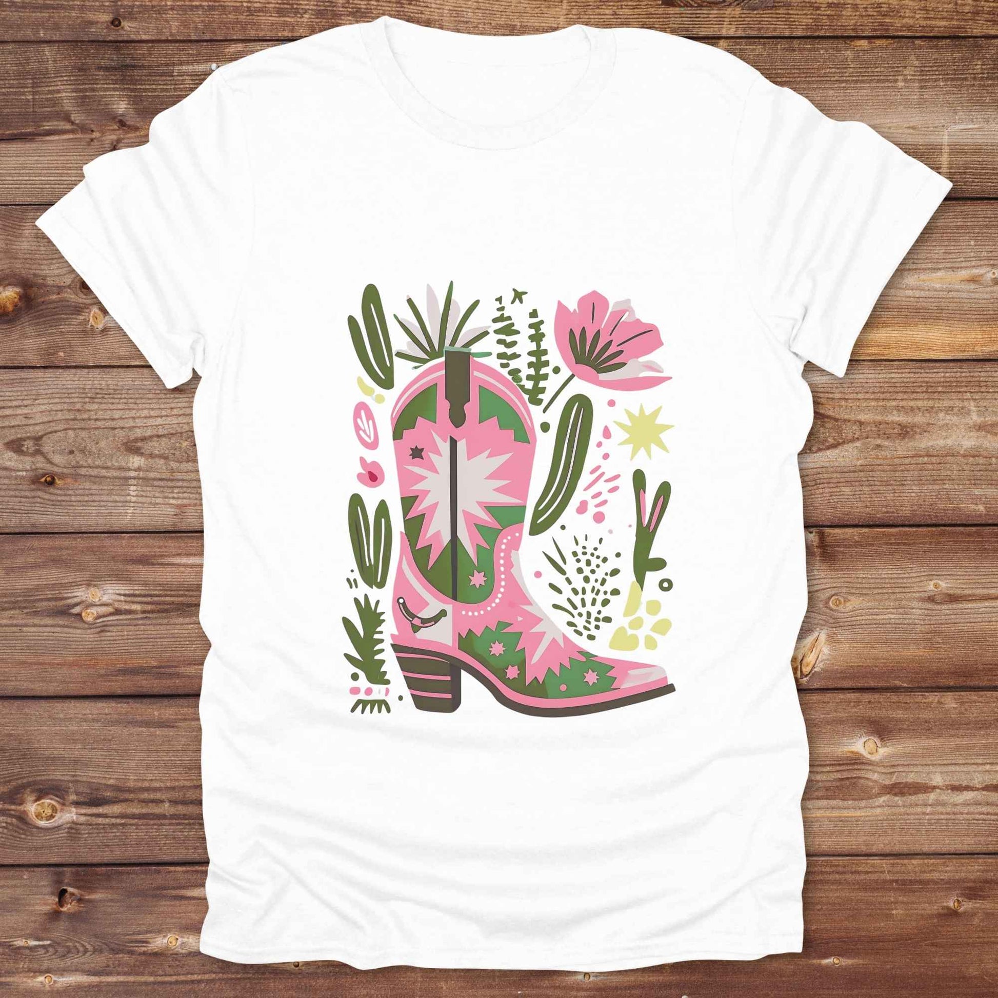 Bright pink and green cowgirl boot printed on a unisex western t-shirt, styled for a boho country vibe. The design is surrounded by floral and cactus illustrations to enhance the desert western theme.