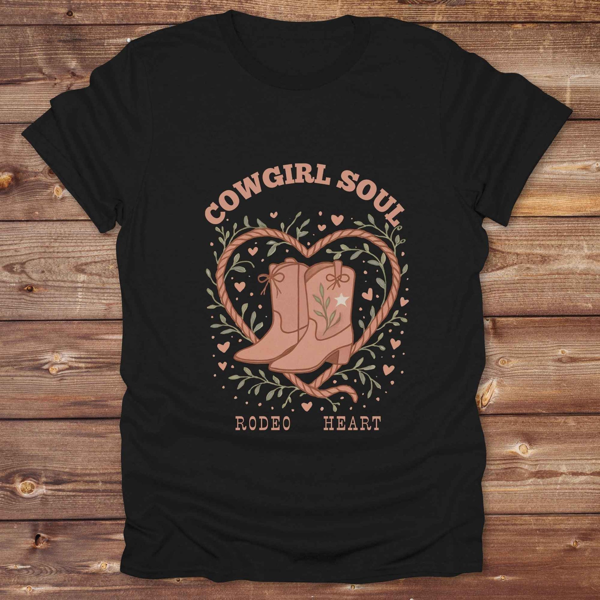 Cowgirl Soul with Cowboy Boots. Fun western t-shirt featuring horse themed design for cowgirls, cowboys, and equestrians — perfect for rodeo lovers, rustic style fans, and horse people. Unique graphic tee by Lasso and Loom.