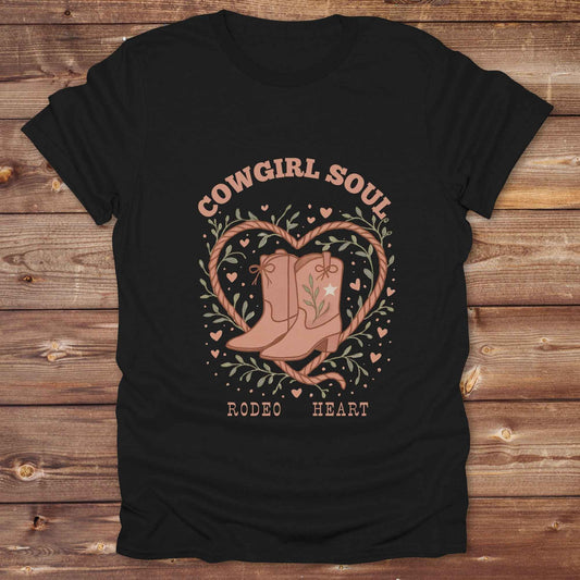Cowgirl Soul with Cowboy Boots. Fun western t-shirt featuring horse themed design for cowgirls, cowboys, and equestrians — perfect for rodeo lovers, rustic style fans, and horse people. Unique graphic tee by Lasso and Loom.