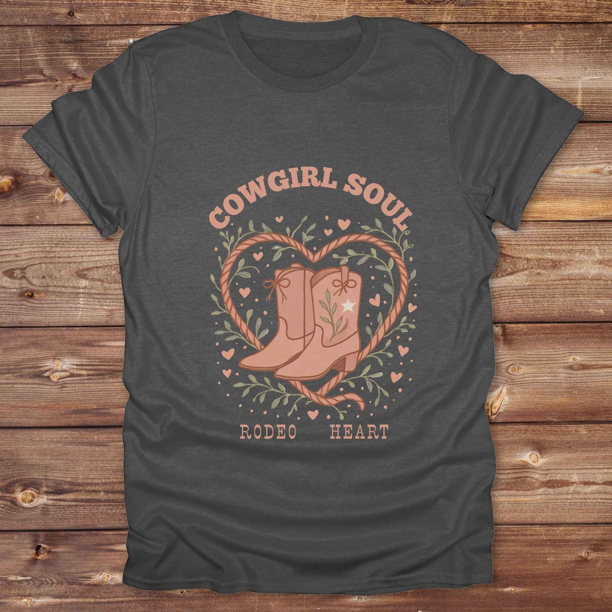 Cowgirl Soul with Cowboy Boots. Fun western t-shirt featuring horse themed design for cowgirls, cowboys, and equestrians — perfect for rodeo lovers, rustic style fans, and horse people. Unique graphic tee by Lasso and Loom.