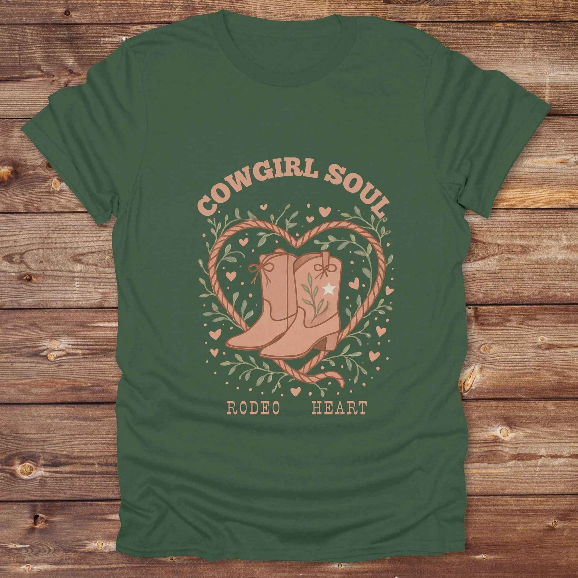 Cowgirl Soul with Cowboy Boots. Fun western t-shirt featuring horse themed design for cowgirls, cowboys, and equestrians — perfect for rodeo lovers, rustic style fans, and horse people. Unique graphic tee by Lasso and Loom.