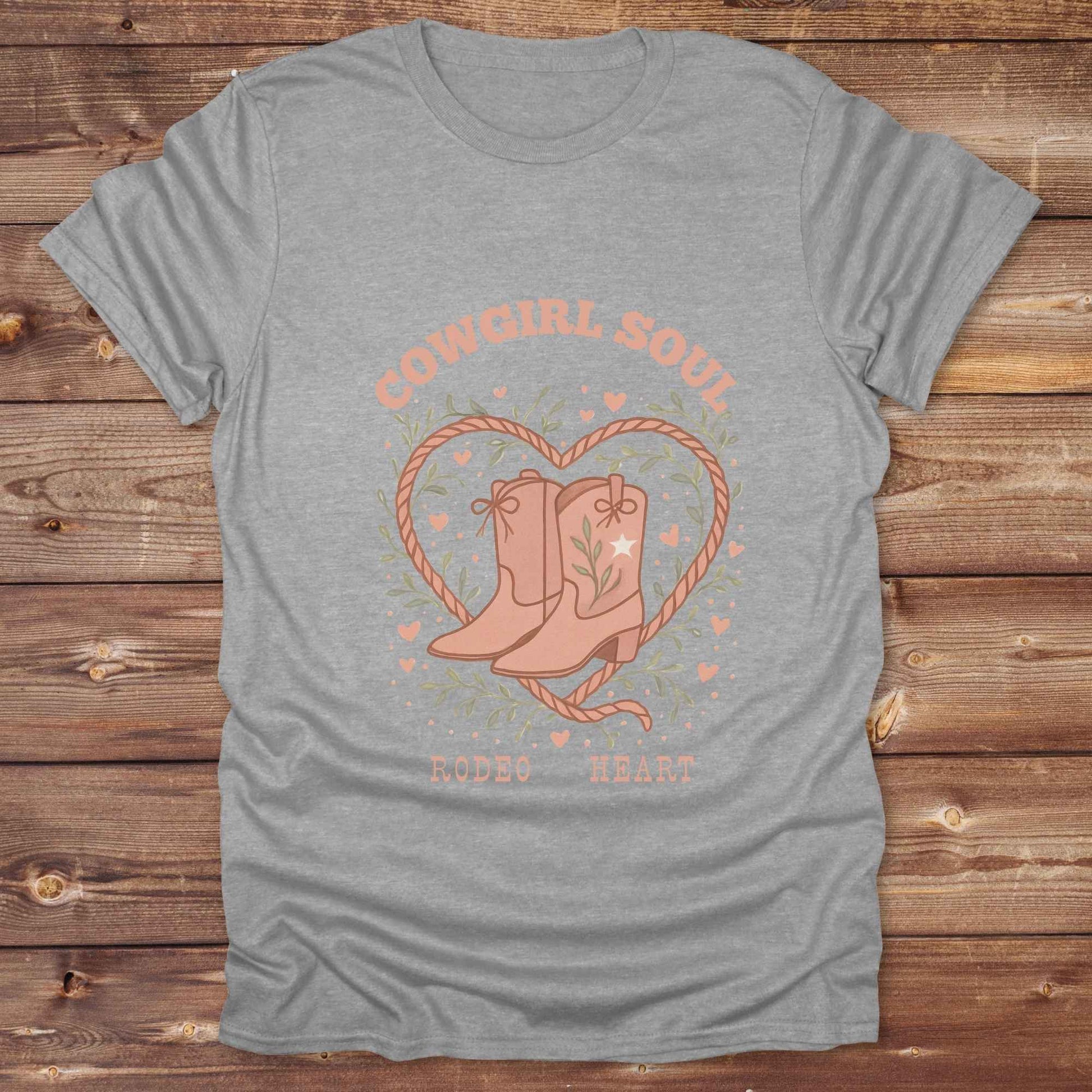 Cowgirl Soul with Cowboy Boots. Fun western t-shirt featuring horse themed design for cowgirls, cowboys, and equestrians — perfect for rodeo lovers, rustic style fans, and horse people. Unique graphic tee by Lasso and Loom.