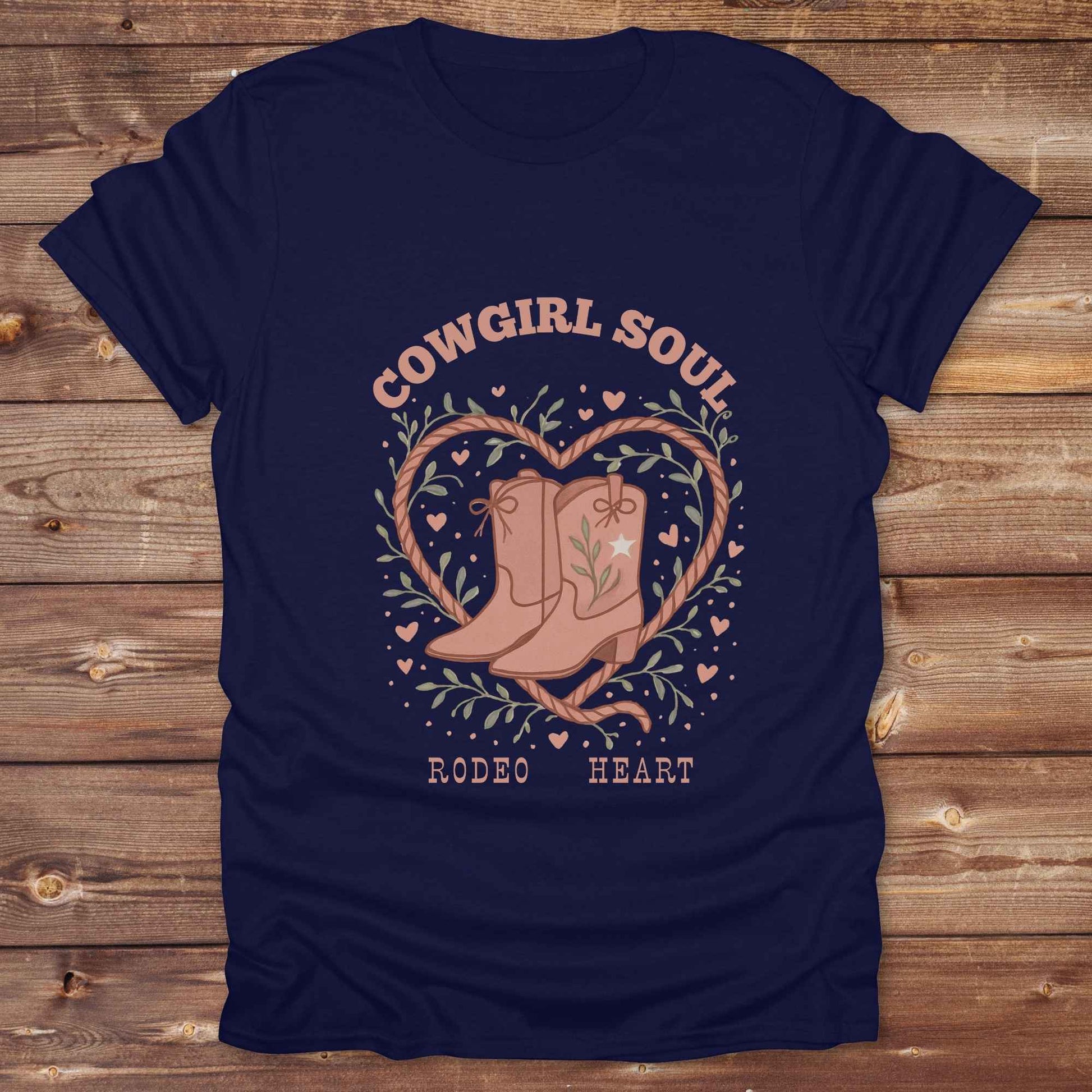 Cowgirl Soul with Cowboy Boots. Fun western t-shirt featuring horse themed design for cowgirls, cowboys, and equestrians — perfect for rodeo lovers, rustic style fans, and horse people. Unique graphic tee by Lasso and Loom.