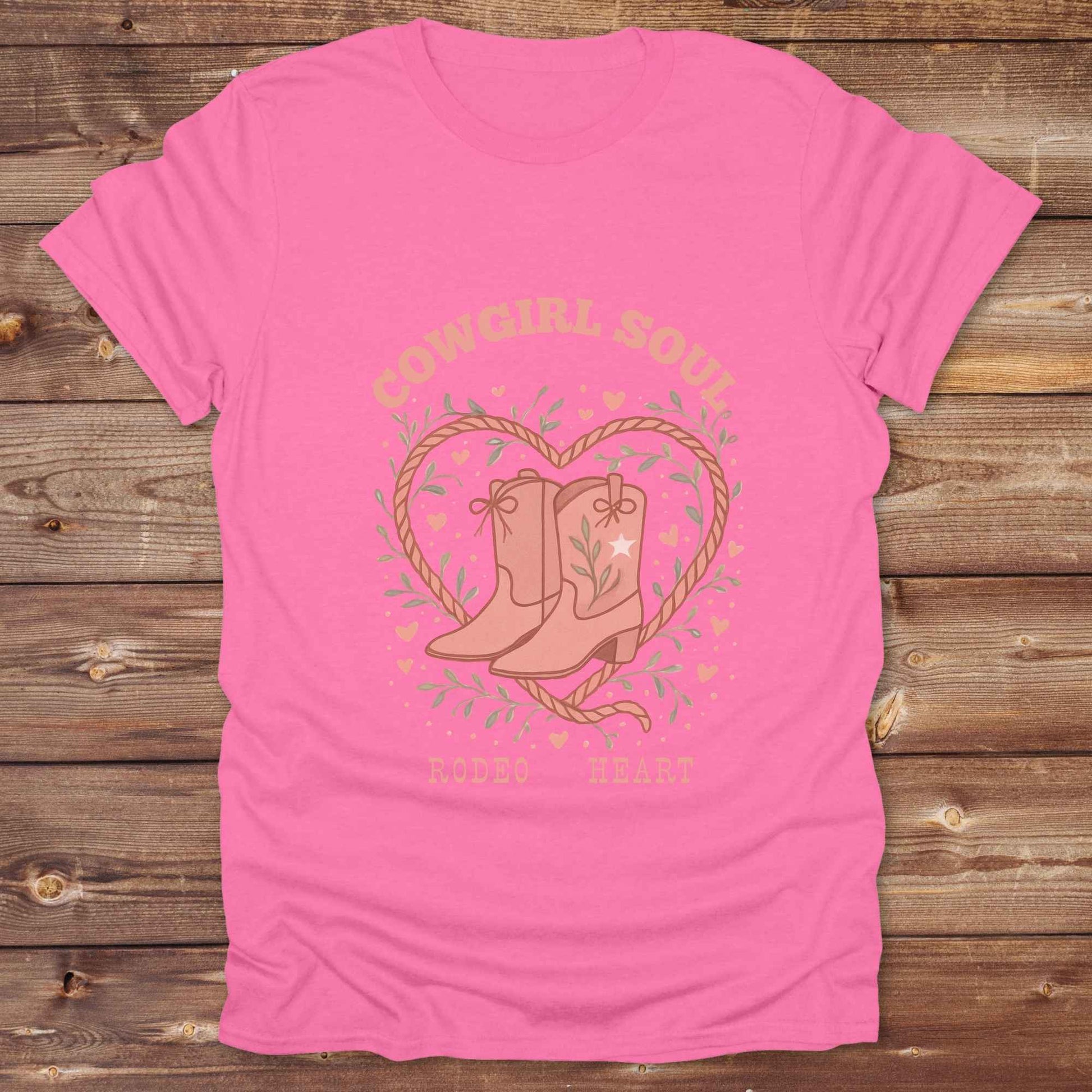 Cowgirl Soul with Cowboy Boots. Fun western t-shirt featuring horse themed design for cowgirls, cowboys, and equestrians — perfect for rodeo lovers, rustic style fans, and horse people. Unique graphic tee by Lasso and Loom.