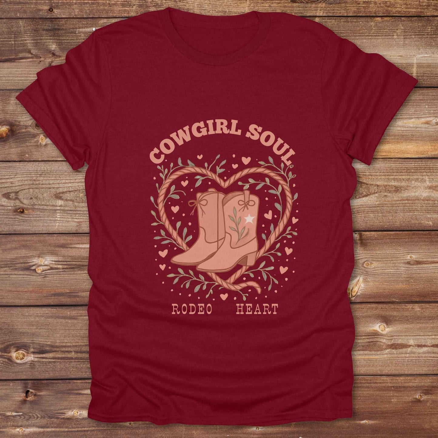 Cowgirl Soul with Cowboy Boots. Fun western t-shirt featuring horse themed design for cowgirls, cowboys, and equestrians — perfect for rodeo lovers, rustic style fans, and horse people. Unique graphic tee by Lasso and Loom.